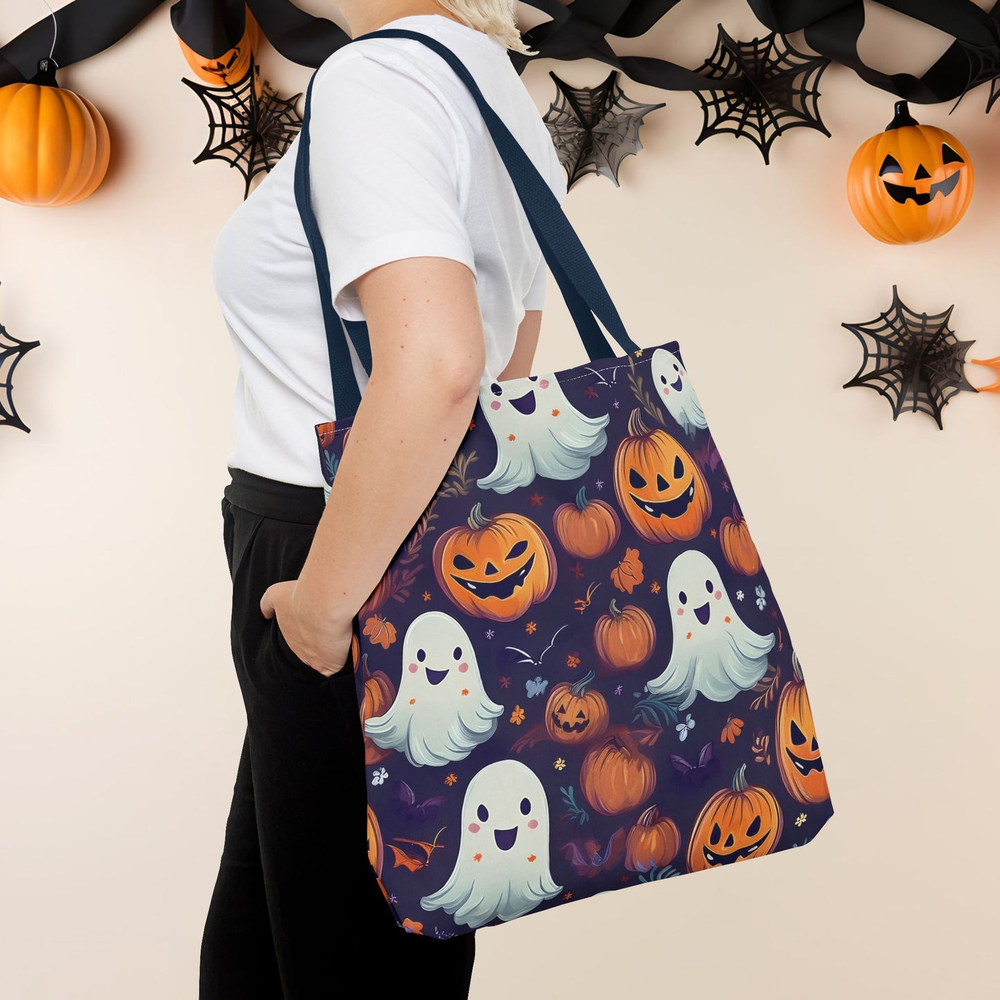 Halloween Trick - or - Treat Tote Bag, Jack - o' - lantern Ghost Pumpkin Fall Festival Purse, Purple All - Over Print Candy Bag, Halloween Costume - EternalAscension