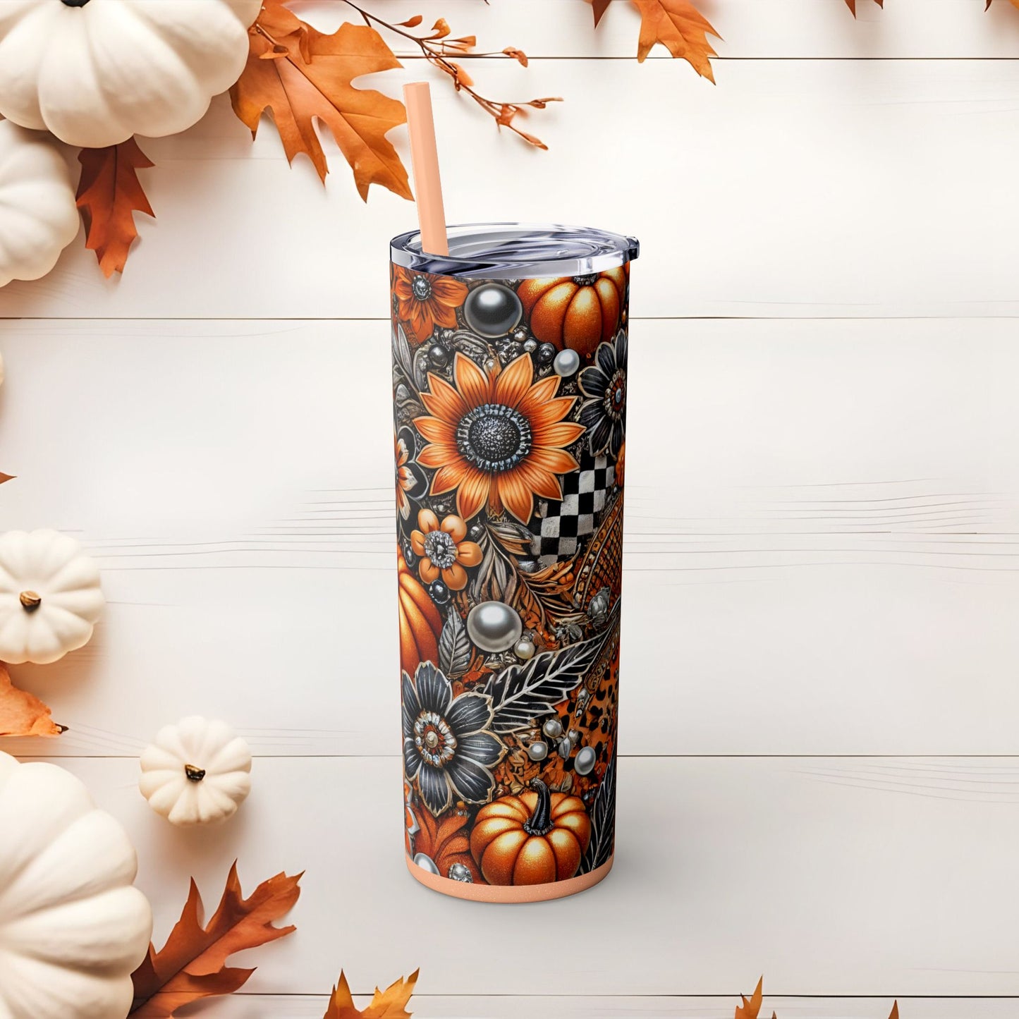 Autumn Elegance Skinny Tumbler with Straw, 20oz