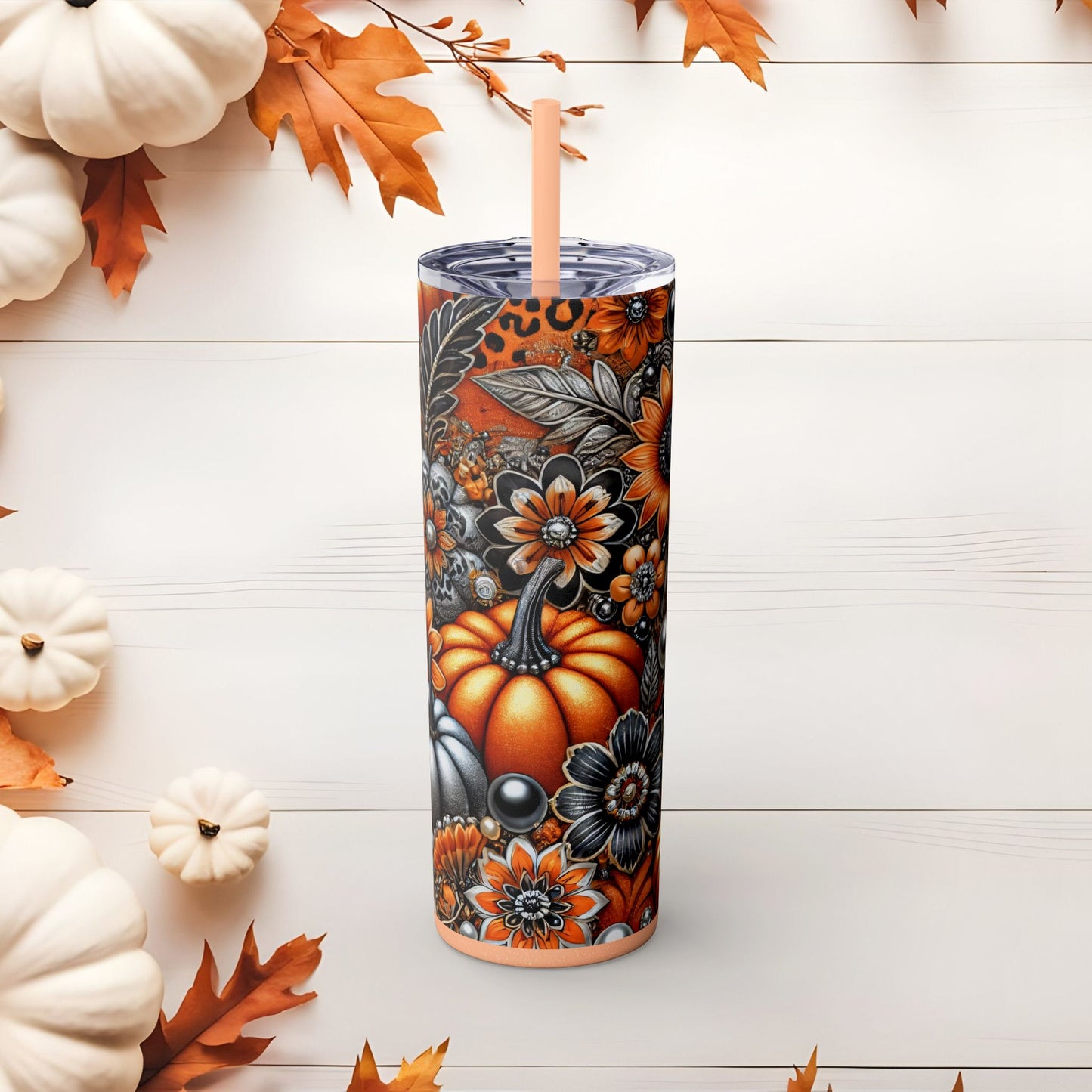 Autumn Elegance Skinny Tumbler with Straw, 20oz