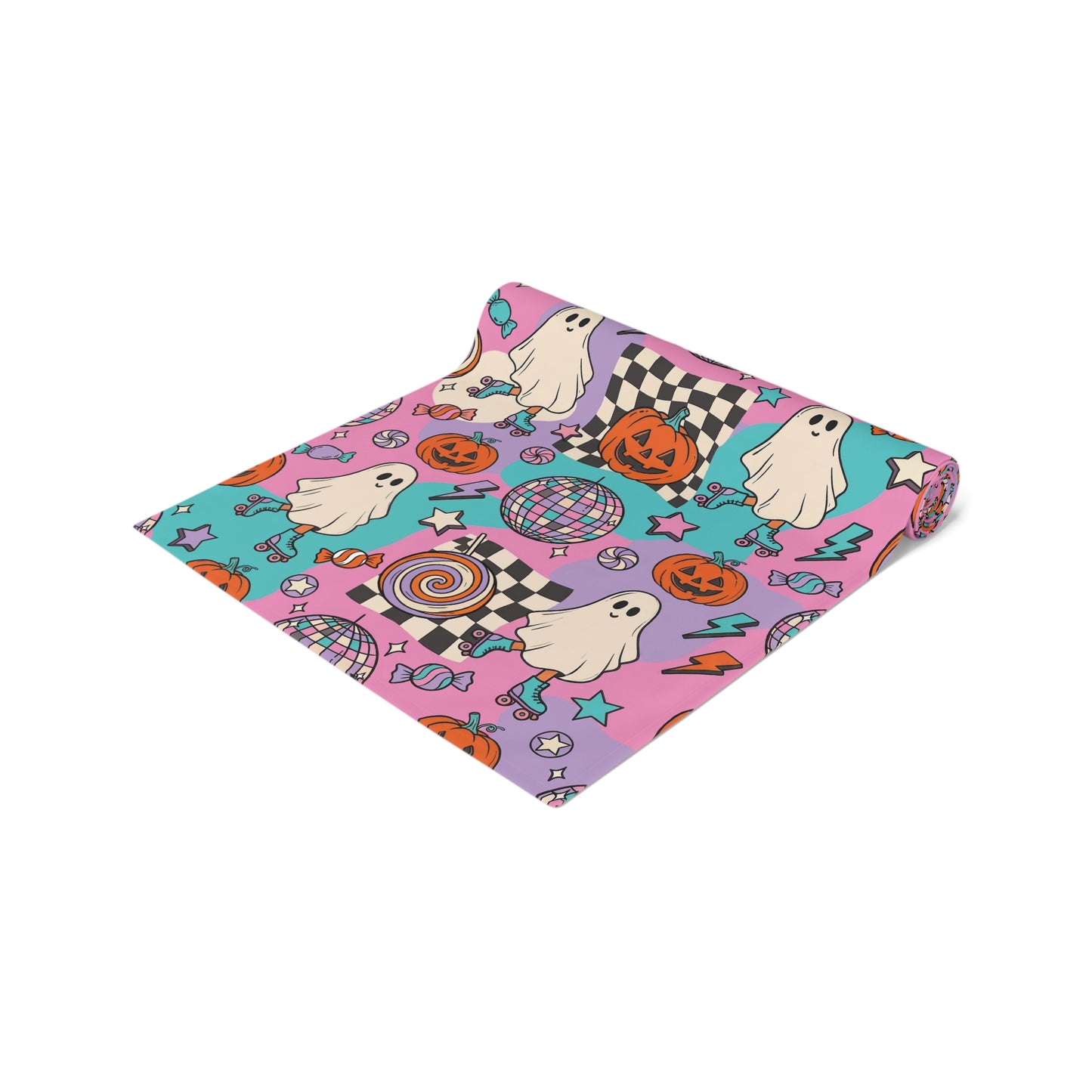 Rolled up Table runner featuring a colorful Halloween pattern with ghosts, pumpkins, stars, candy, and checkered squares on a pink, purple, and teal background. polyester fabric