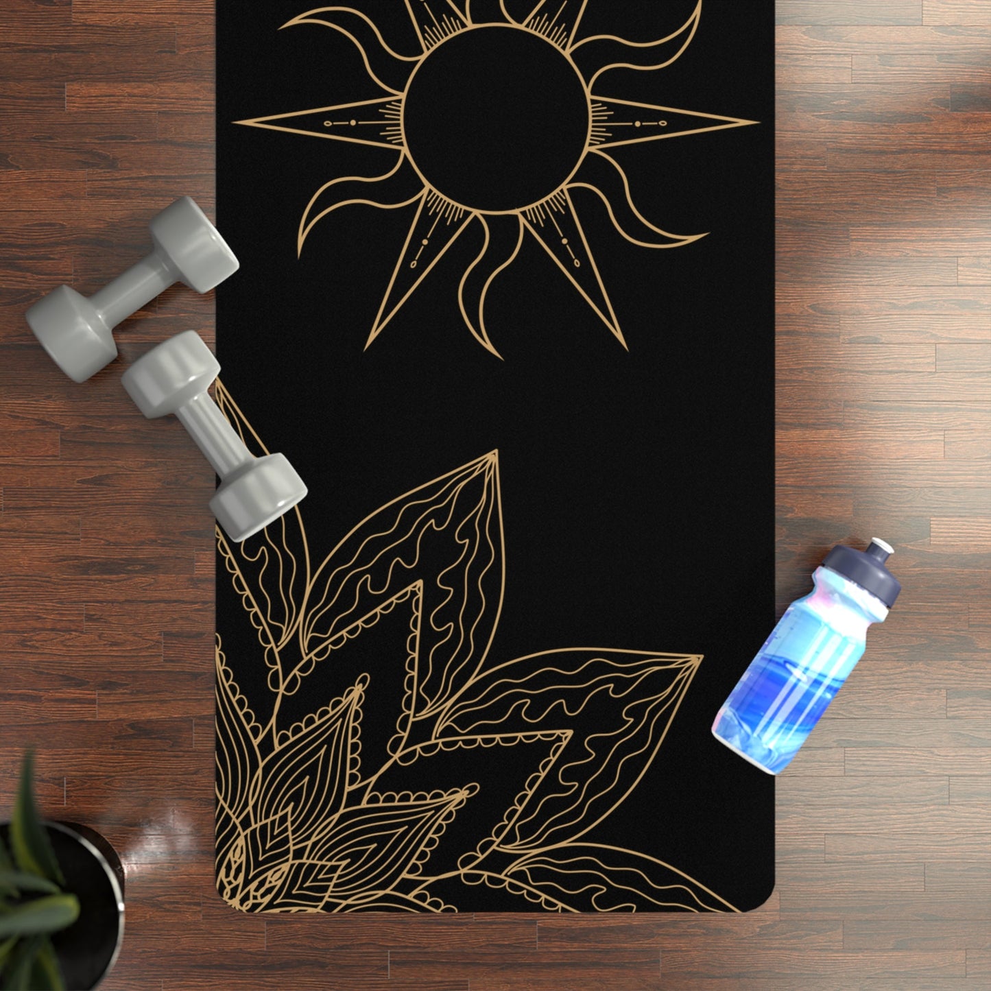 Black and Gold Flower & Sun Yoga Mat - EternalAscension