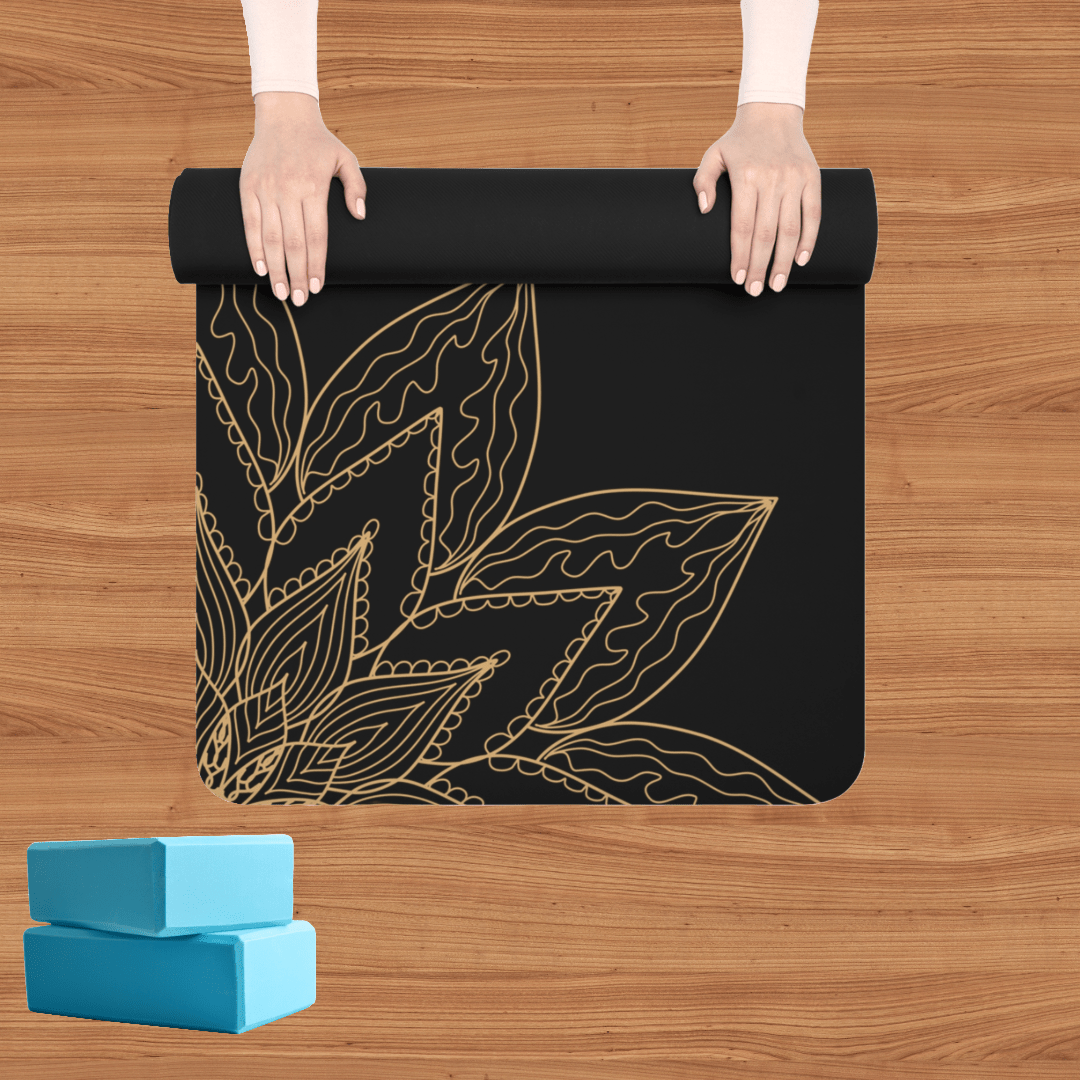 Black and Gold Flower & Sun Yoga Mat - EternalAscension