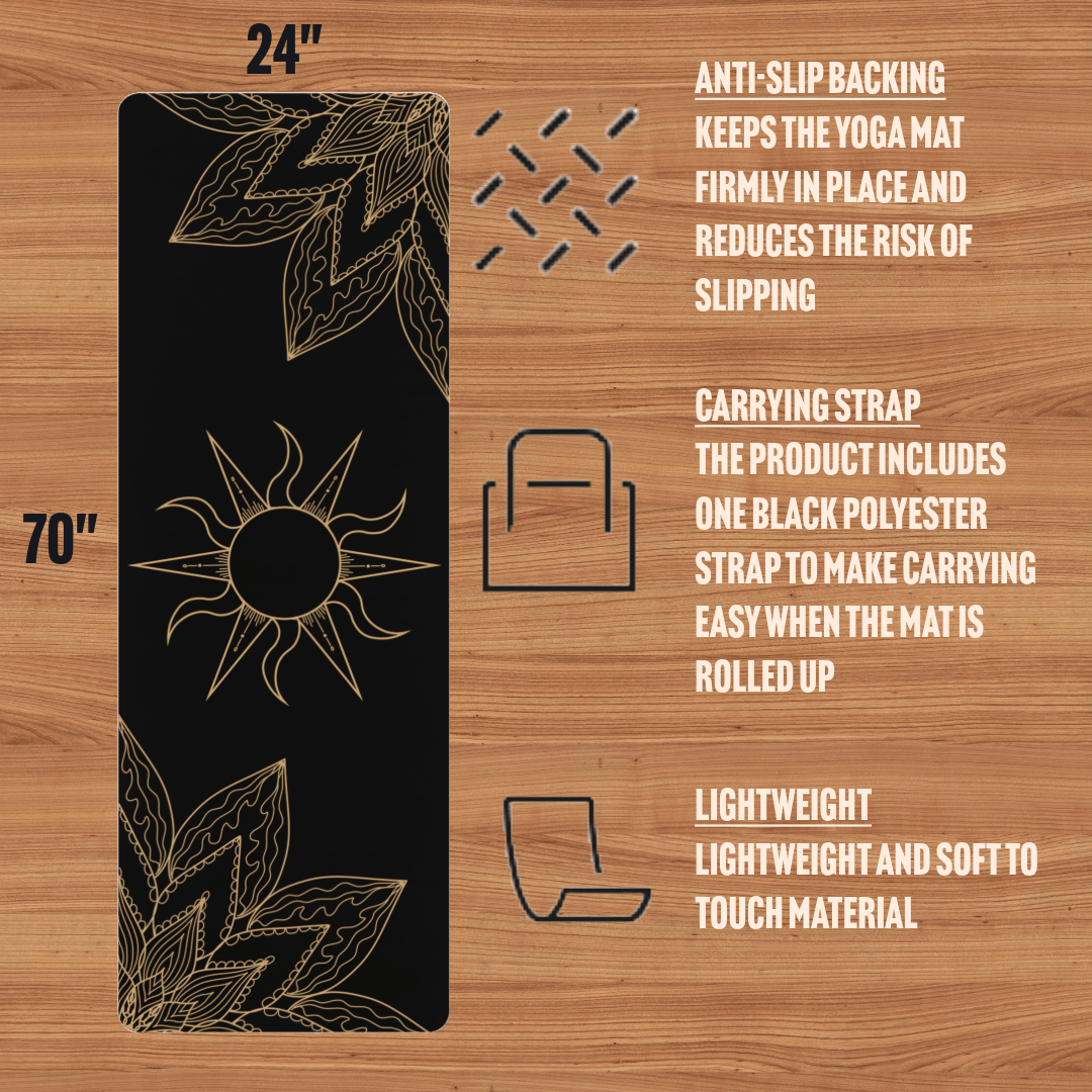 Black and Gold Flower & Sun Yoga Mat - EternalAscension
