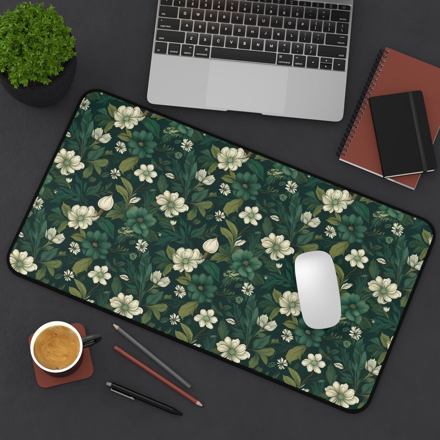 Botanical Desk Mat – Dark Green Floral Pattern - EternalAscension