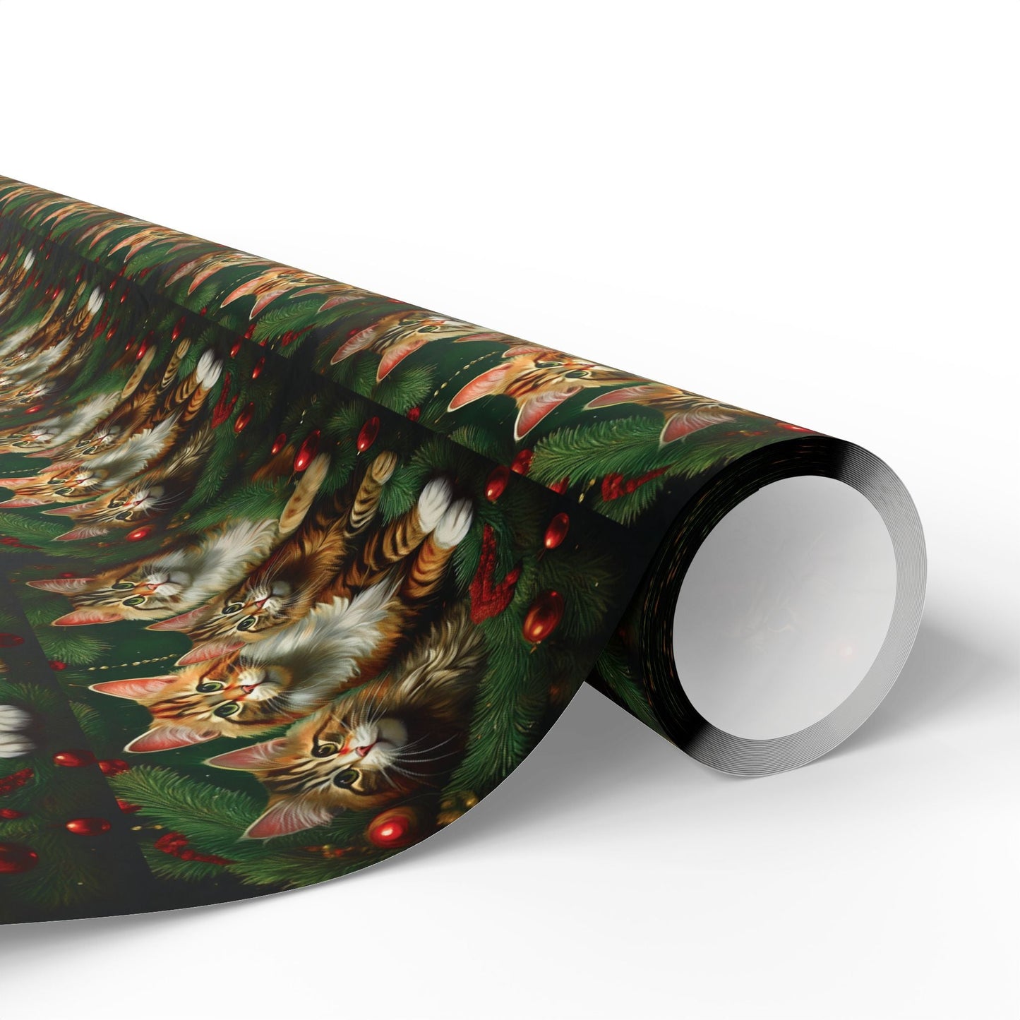 Cat Lover Christmas Wrapping Paper, Holiday Gift Wrap, Custom Cat Print Present Wrap, Festive Pine Branch Bauble Design, Matte Glossy 90gsm - EternalAscension
