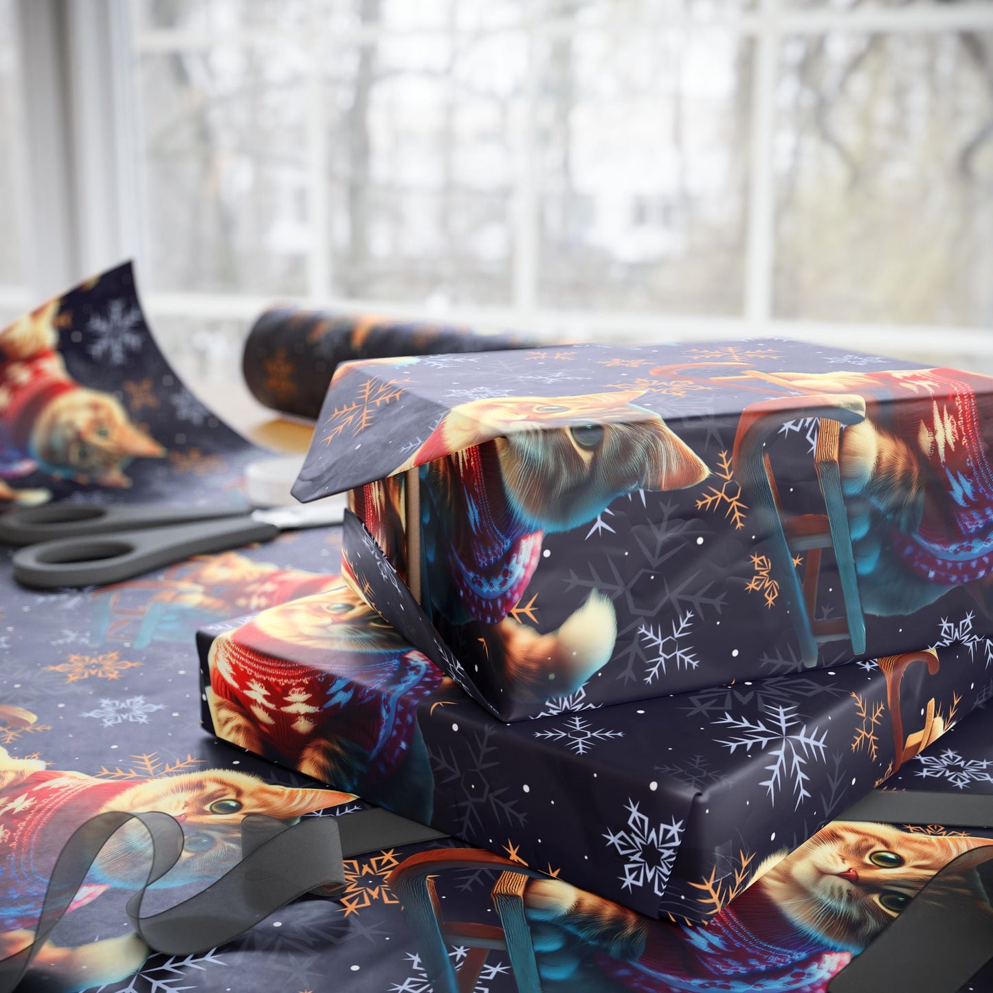Cat on Sled Wrapping Paper, Holiday Gift Wrap, Christmas Cat Theme, Festive Present Wrap, Winter Magic Packaging, Cat Lover Gift Wrap - EternalAscension