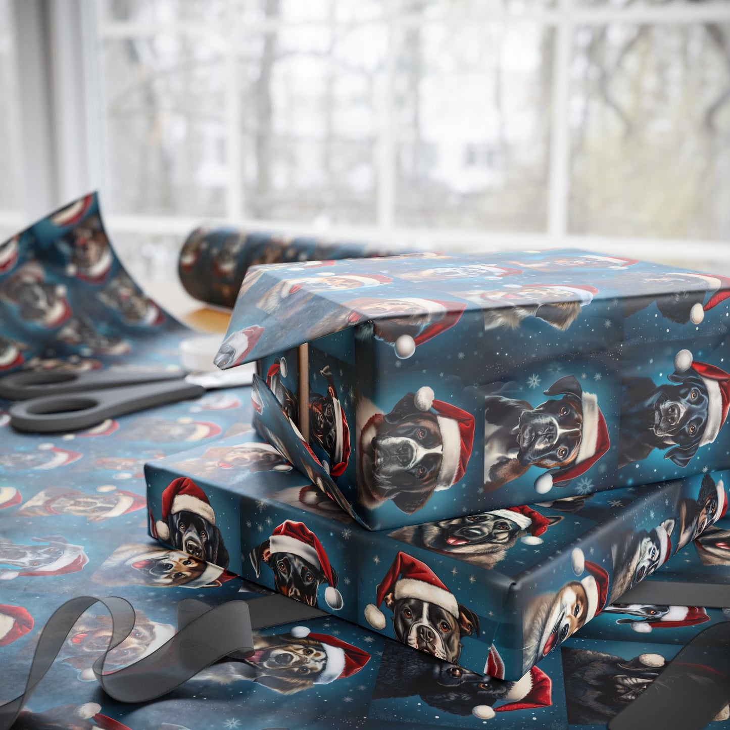 Christmas Dog Wrapping Papers, Santa Hat Holiday Gift Wrap, Dog Breed Pattern, Festive Canine Theme, Pet Lover Presents, Custom Printing - EternalAscension