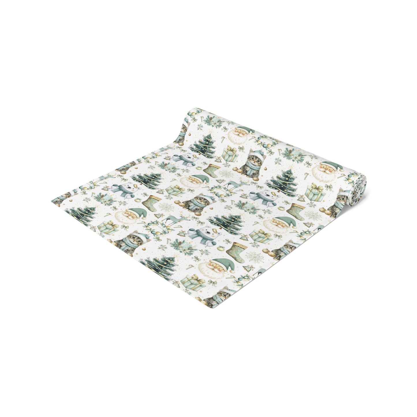 Christmas Table Runner, Festive Holiday Decor, Cotton Poly Blend, Polar Bear Santa Reindeer Cat Design, Winter Dining Decoration - EternalAscension