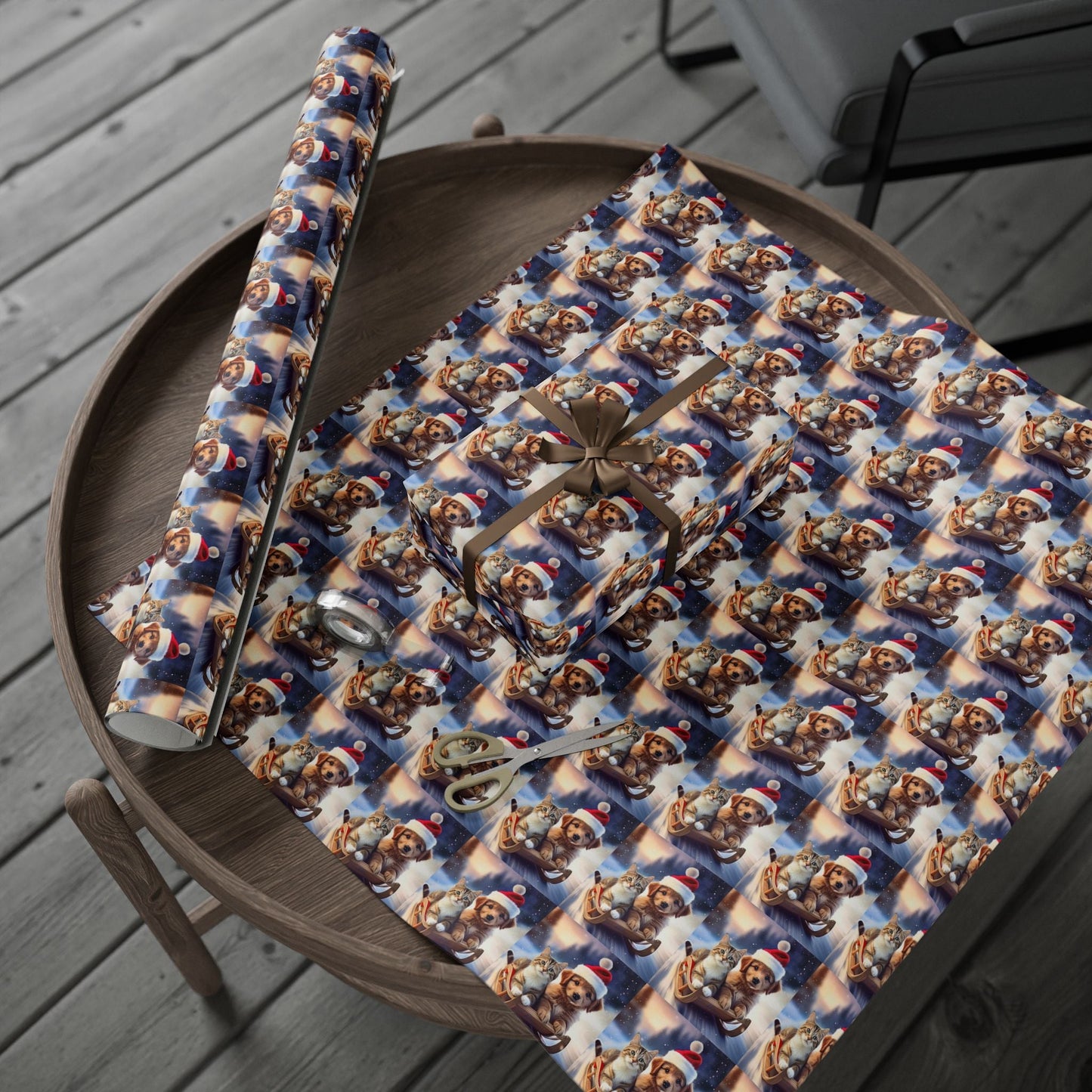 Holiday Sled Ride Wrapping Paper, Christmas Gift Wrap, Festive Cat and Dog Design, Matte or Glossy Finish, High - Quality Custom Art Paper, 3 - EternalAscension