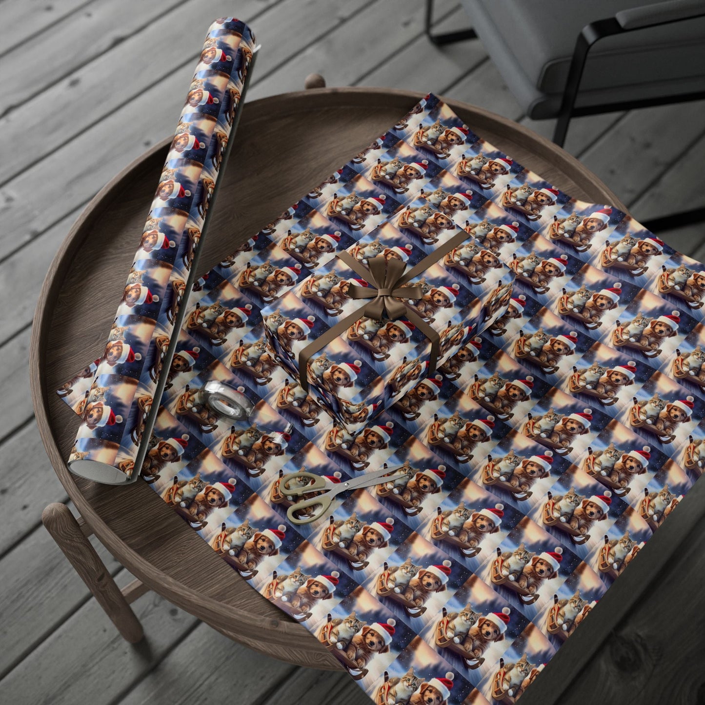 Holiday Sled Ride Wrapping Paper, Christmas Gift Wrap, Festive Cat and Dog Design, Matte or Glossy Finish, High - Quality Custom Art Paper, 3 - EternalAscension