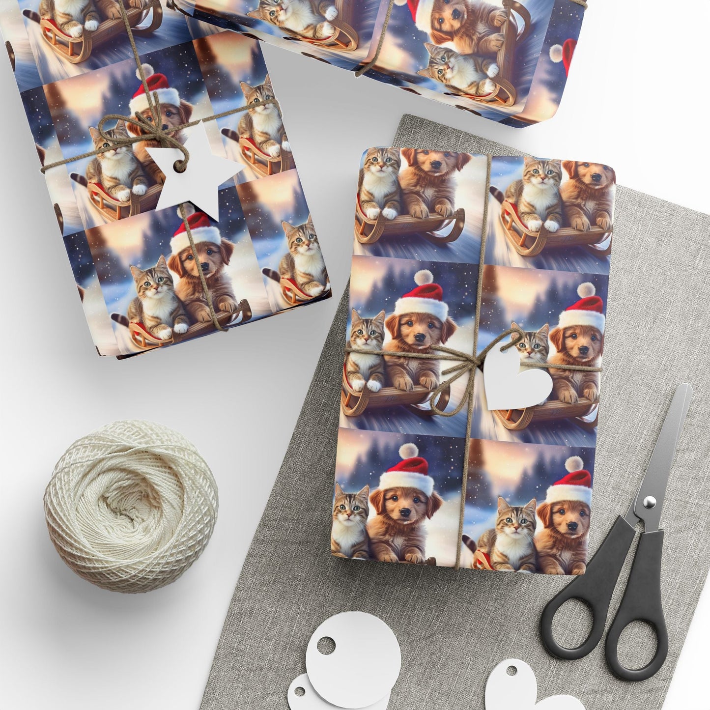 Holiday Sled Ride Wrapping Paper, Christmas Gift Wrap, Festive Cat and Dog Design, Matte or Glossy Finish, High - Quality Custom Art Paper, 3 - EternalAscension