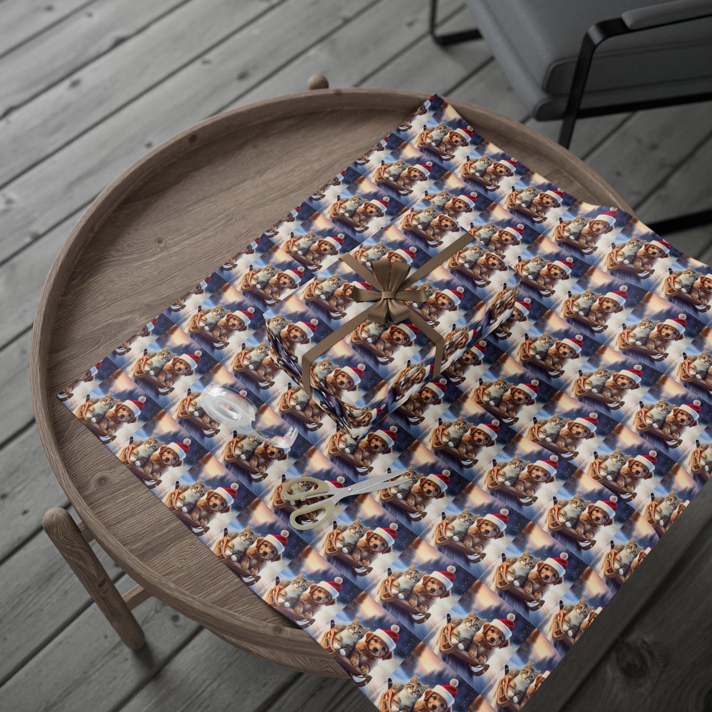 Holiday Sled Ride Wrapping Paper, Christmas Gift Wrap, Festive Cat and Dog Design, Matte or Glossy Finish, High - Quality Custom Art Paper, 3 - EternalAscension