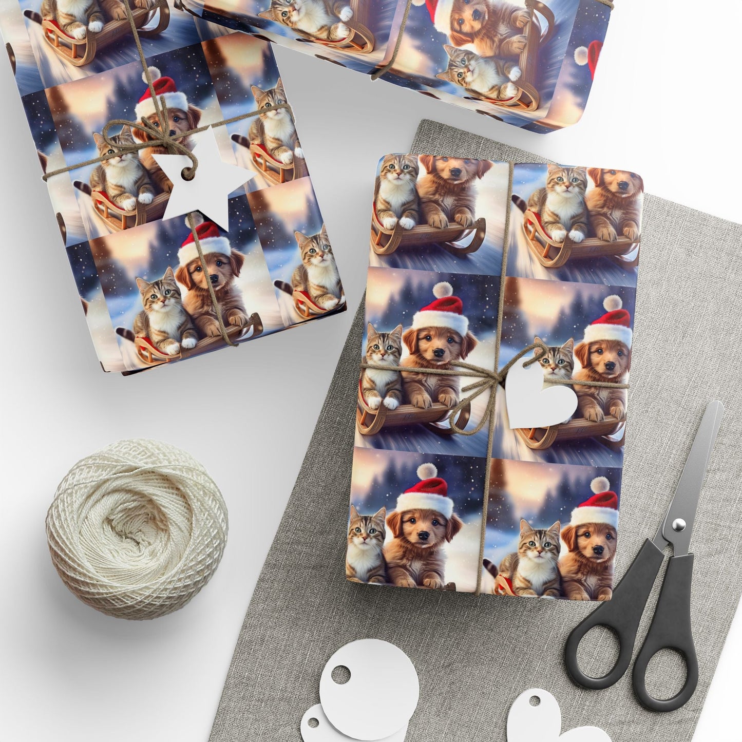 Holiday Sled Ride Wrapping Paper, Christmas Gift Wrap, Festive Cat and Dog Design, Matte or Glossy Finish, High - Quality Custom Art Paper, 3 - EternalAscension