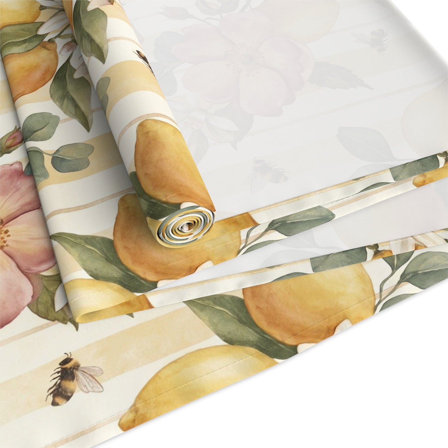 Lemon Blossom Pattern Table Runner | Floral Citrus Stripe - EternalAscension
