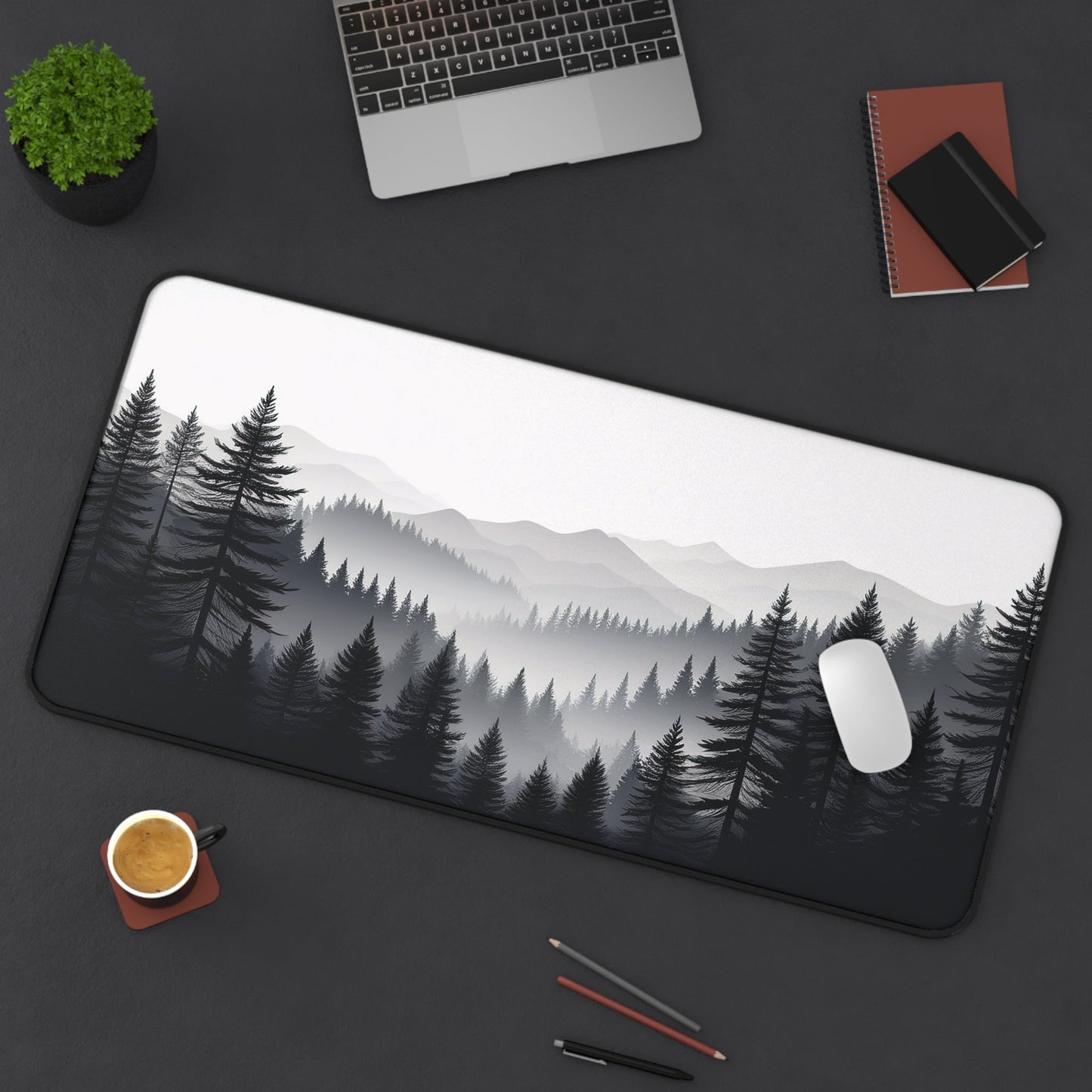 Monochrome Pine Forest Desk Mat | Mountain Mist Landscape - EternalAscension