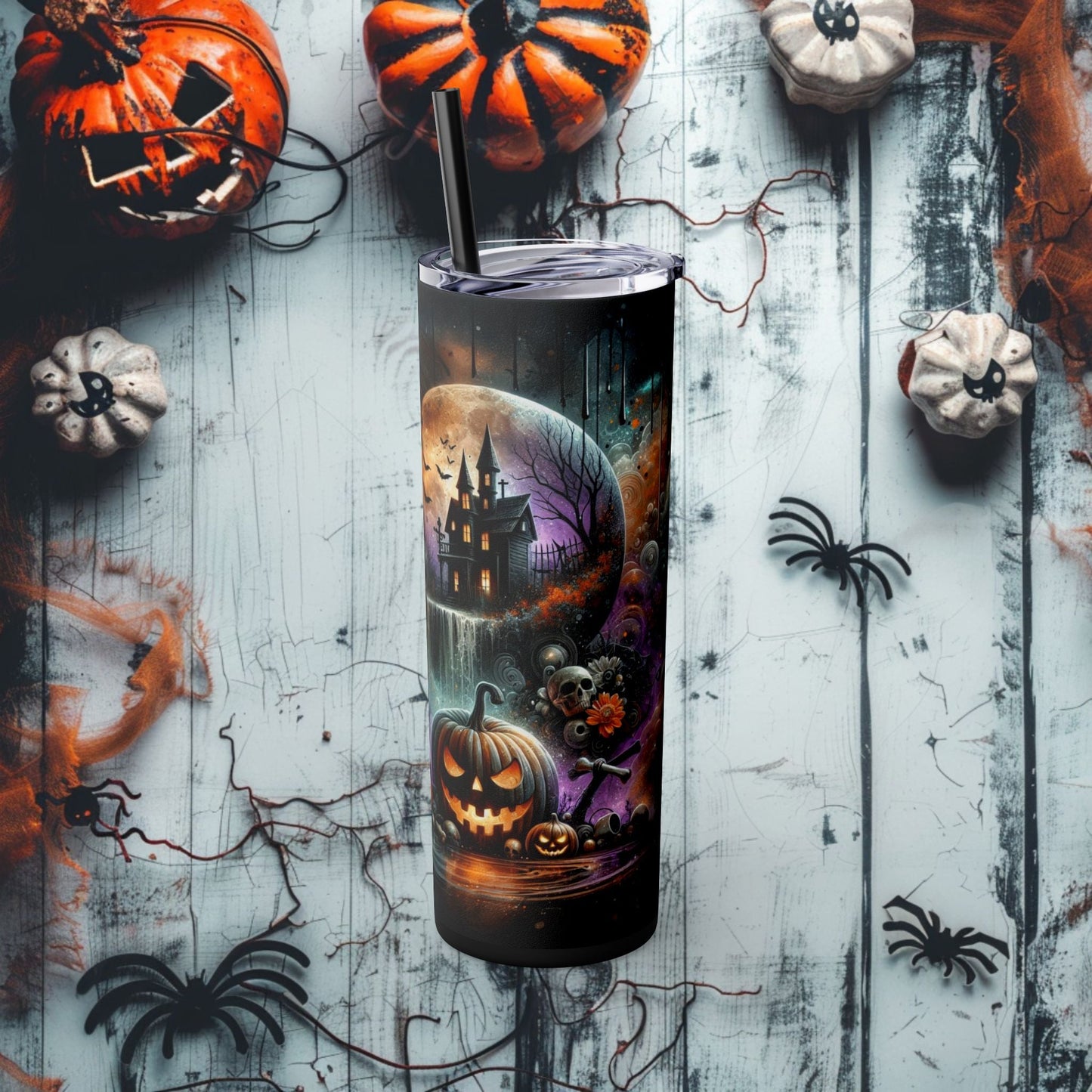 Moonlit Haunt Skinny Tumbler with Straw, 20oz - EternalAscension