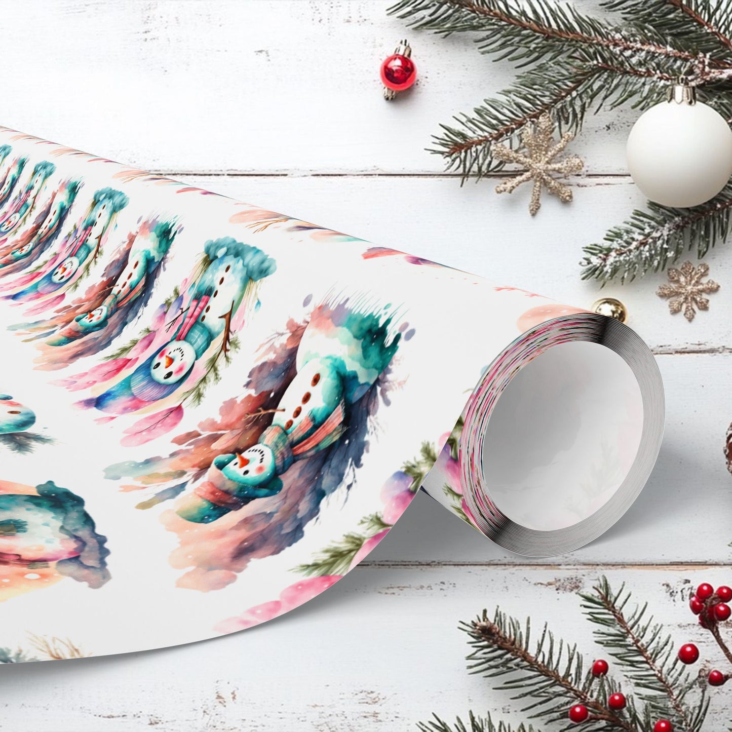 Snowmen Watercolor Wrapping Paper, Festive Holiday Gift Wrap, Christmas Present Packaging, Custom Gift Wrap, High - Quality Paper Roll, - EternalAscension