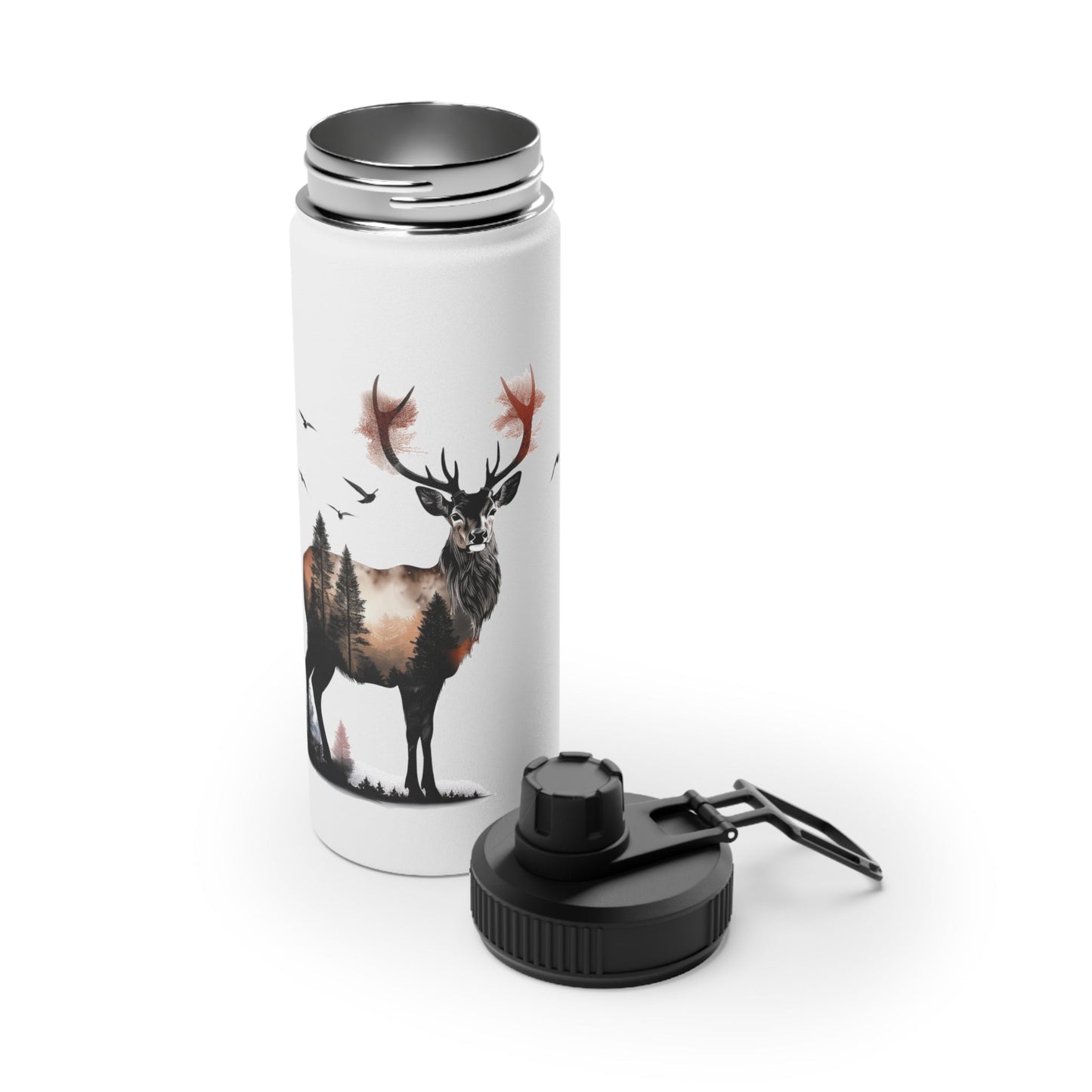 Stainless Steel Water Bottle, Sports Lid - Majestic Stag Forest Landscape Design - EternalAscension