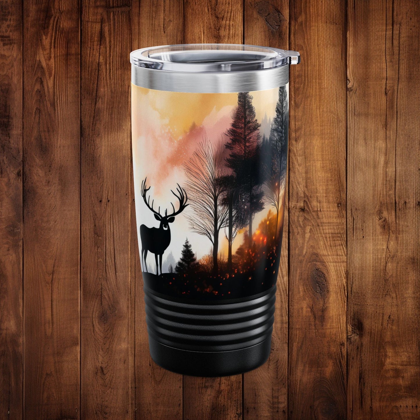 Tumbler Mug - Scenic Forest Stainless Steel 20oz Ringneck Tumbler with Deer and Birds Design - EternalAscension
