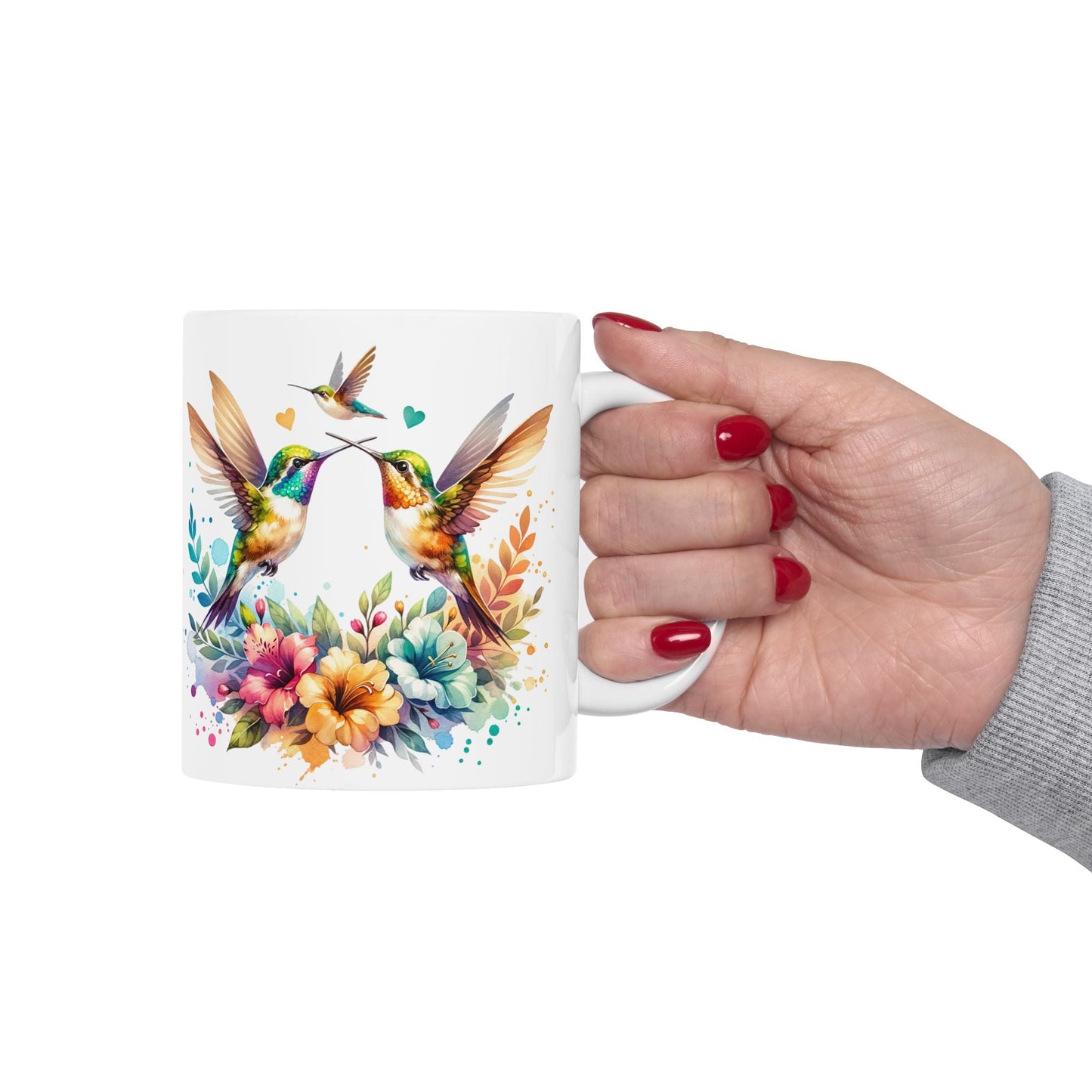 Vibrant Hummingbirds and Floral Bouquet Ceramic Mug (11oz, 15oz) - EternalAscension