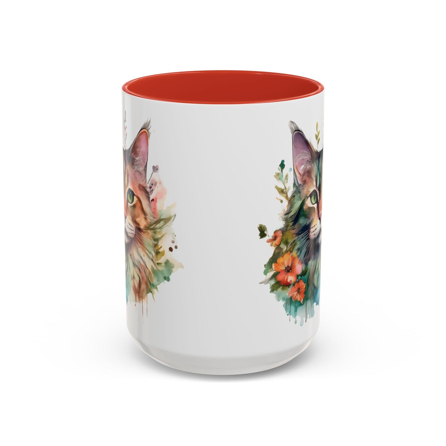 Watercolor Cat Face Accent Coffee Mug (11, 15oz) - Green Eyes, Floral Design, Ceramic, Glossy Finish, BPA Free, Cat Lover Gift, Tea Cup - EternalAscension