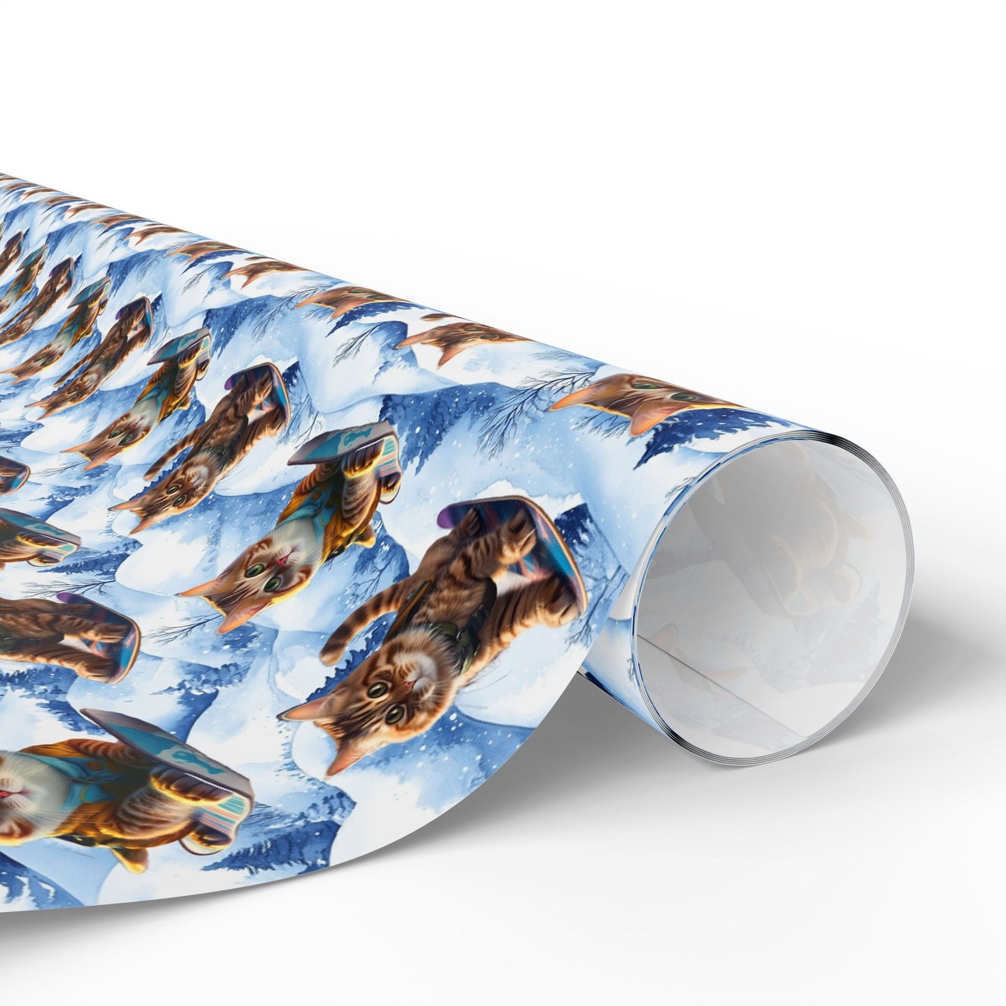 Winter Adventure Cats Wrapping Paper, Christmas Gift Wrap, Cat Lover Birthday Present, Festive Holiday Packaging, Snowboarder Cat Print - EternalAscension