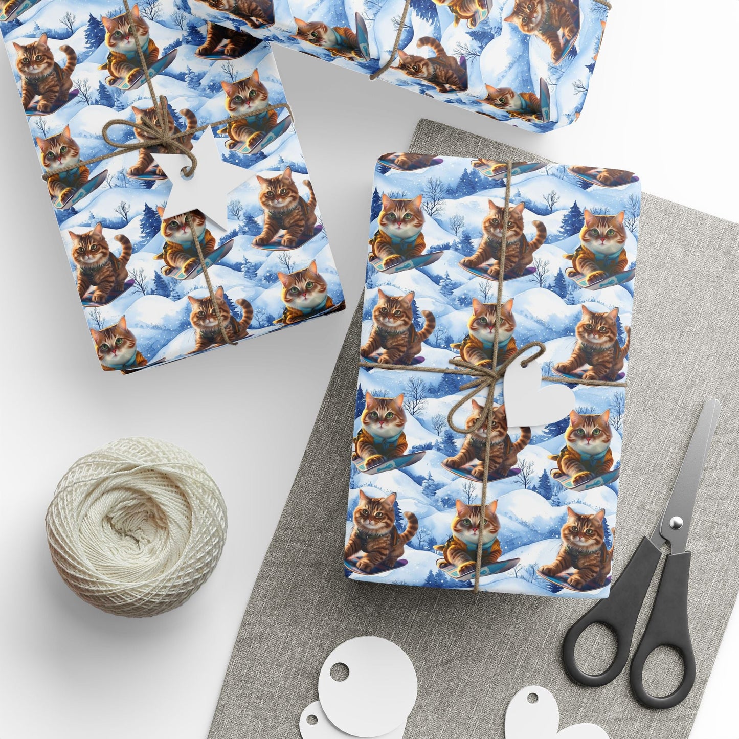 Winter Adventure Cats Wrapping Paper, Christmas Gift Wrap, Cat Lover Birthday Present, Festive Holiday Packaging, Snowboarder Cat Print - EternalAscension