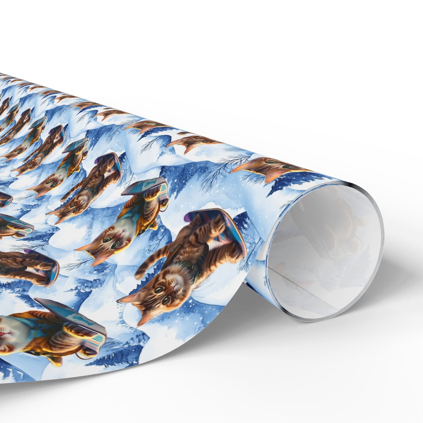 Winter Adventure Cats Wrapping Paper, Christmas Gift Wrap, Cat Lover Birthday Present, Festive Holiday Packaging, Snowboarder Cat Print - EternalAscension