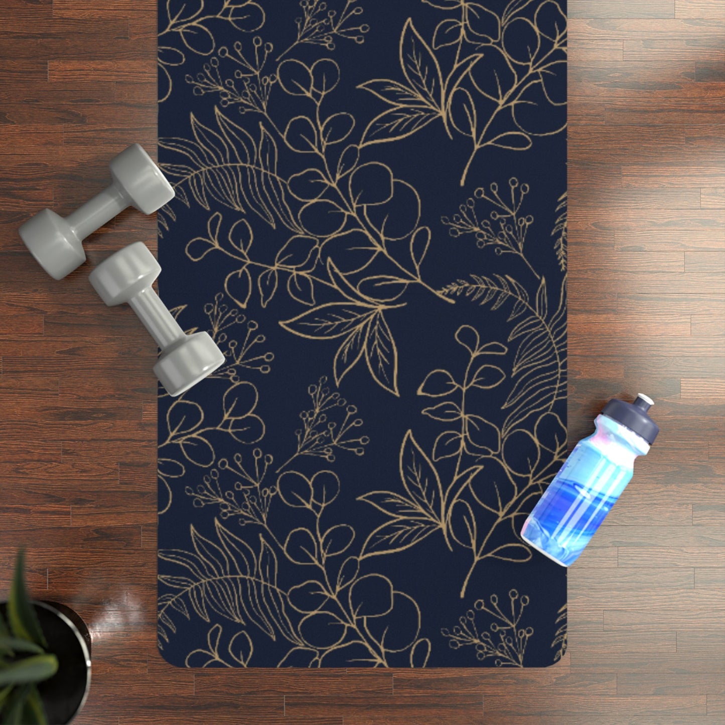 Yoga Mat - Elegant Gold Botanical Design, Navy Blue Background - EternalAscension