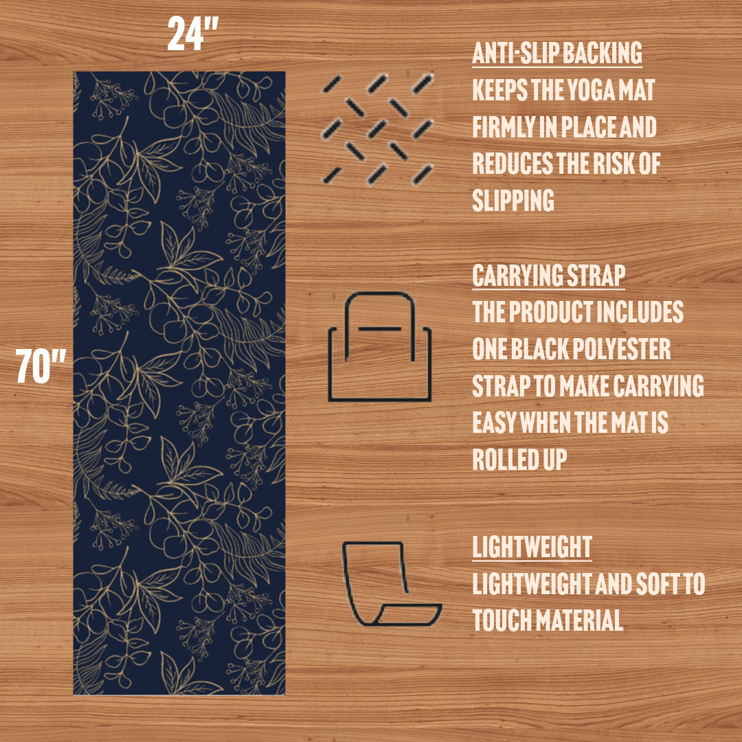 Yoga Mat - Elegant Gold Botanical Design, Navy Blue Background - EternalAscension