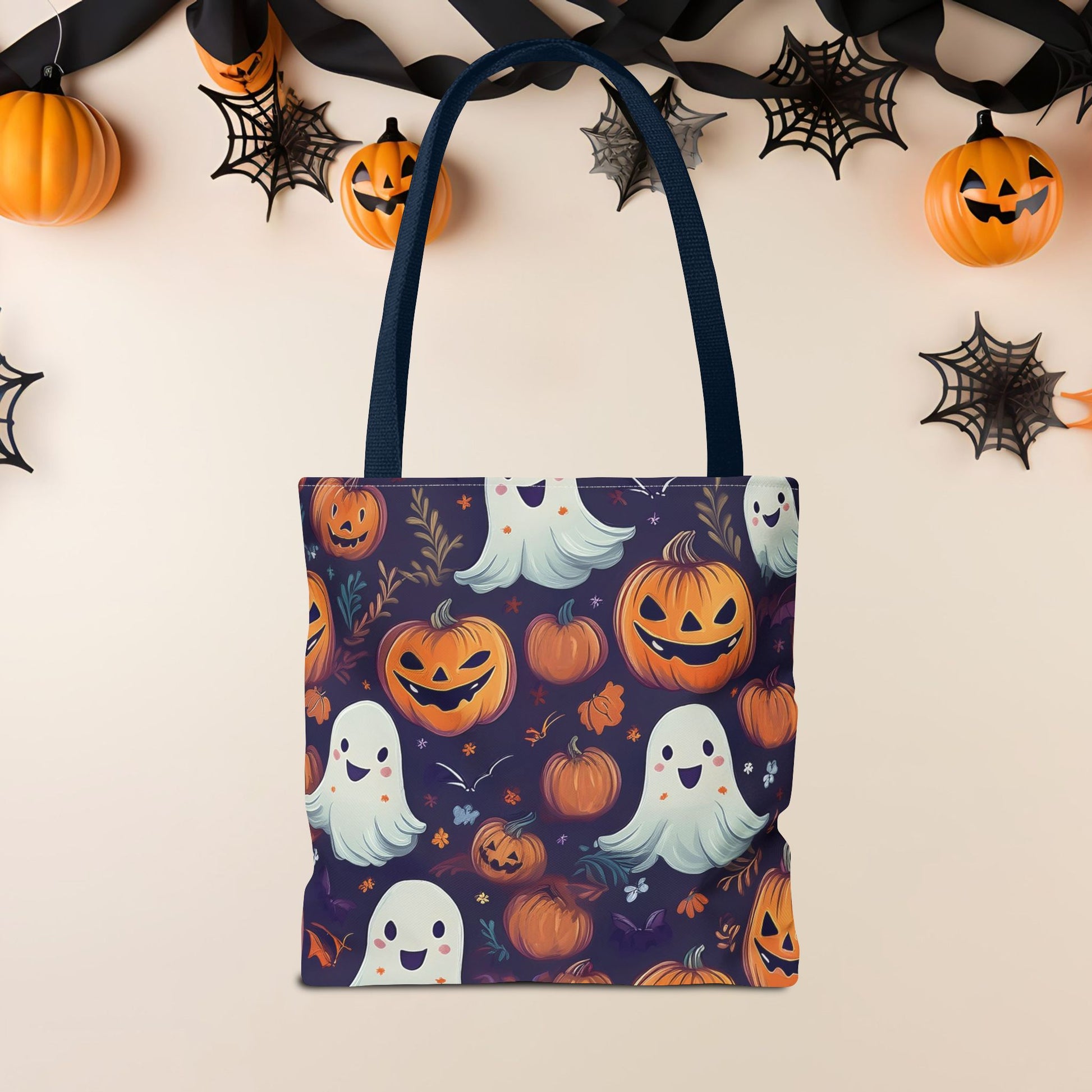 Halloween Trick - or - Treat Tote Bag, Jack - o' - lantern Ghost Pumpkin Fall Festival Purse, Purple All - Over Print Candy Bag, Halloween Costume - EternalAscension