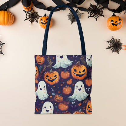 Halloween Trick - or - Treat Tote Bag, Jack - o' - lantern Ghost Pumpkin Fall Festival Purse, Purple All - Over Print Candy Bag, Halloween Costume - EternalAscension