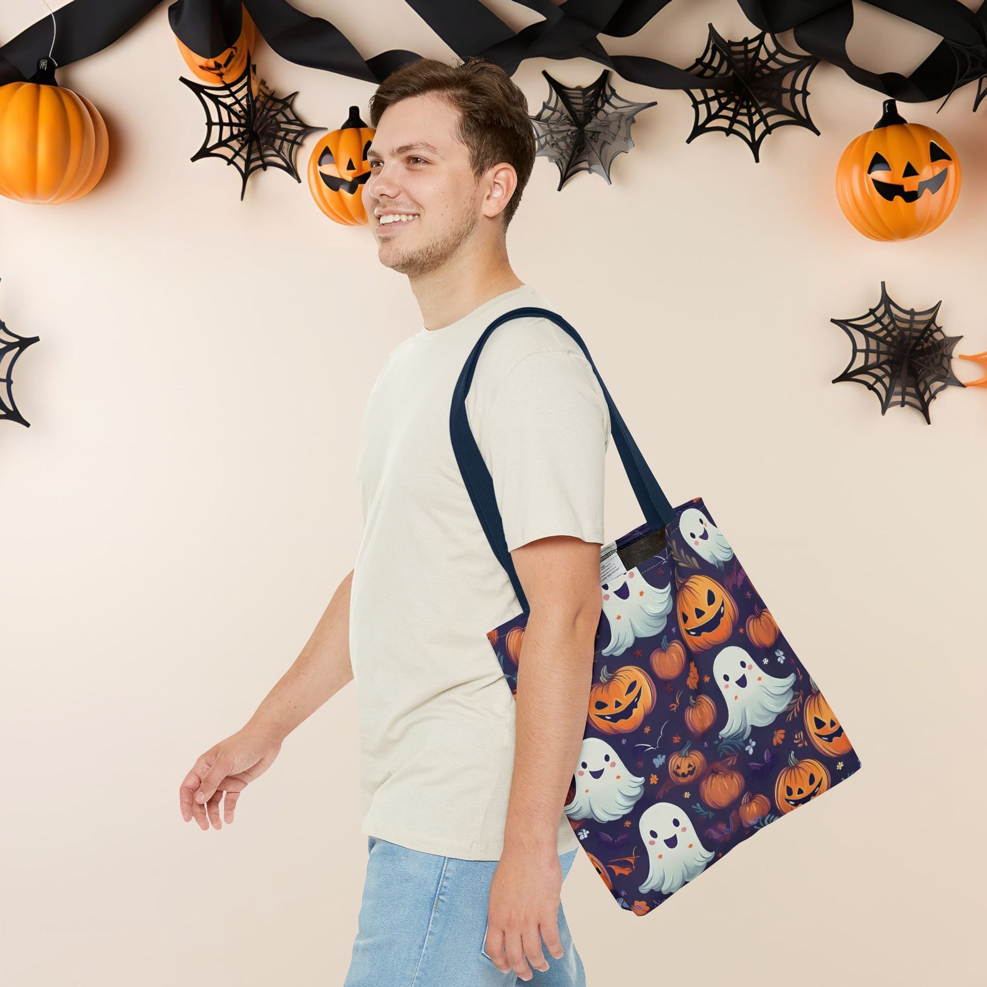 Halloween Trick - or - Treat Tote Bag, Jack - o' - lantern Ghost Pumpkin Fall Festival Purse, Purple All - Over Print Candy Bag, Halloween Costume - EternalAscension
