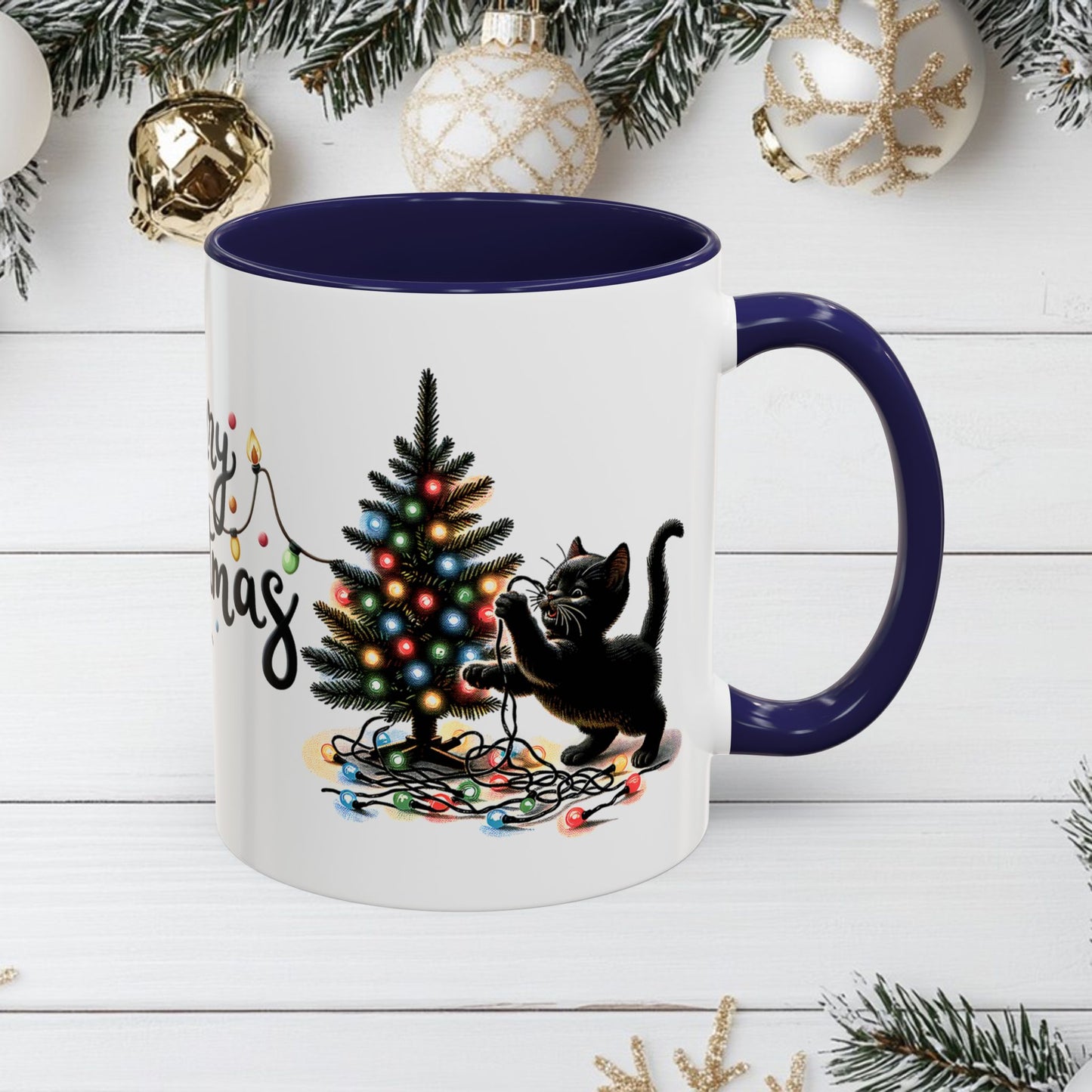 Merry Christmas Coffee Mug, Festive Holiday Cup with Black Cats and Christmas Lights, 11oz, 15oz, Christmas Gift, Hot Cocoa Mug, Symmetrical