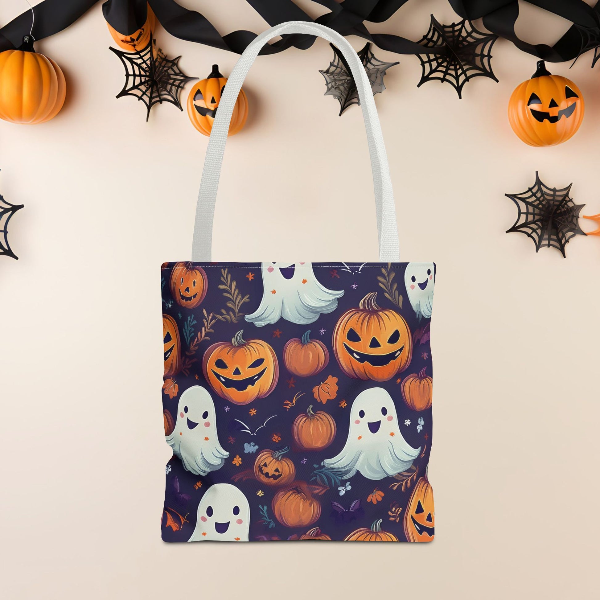 Halloween Trick - or - Treat Tote Bag, Jack - o' - lantern Ghost Pumpkin Fall Festival Purse, Purple All - Over Print Candy Bag, Halloween Costume - EternalAscension