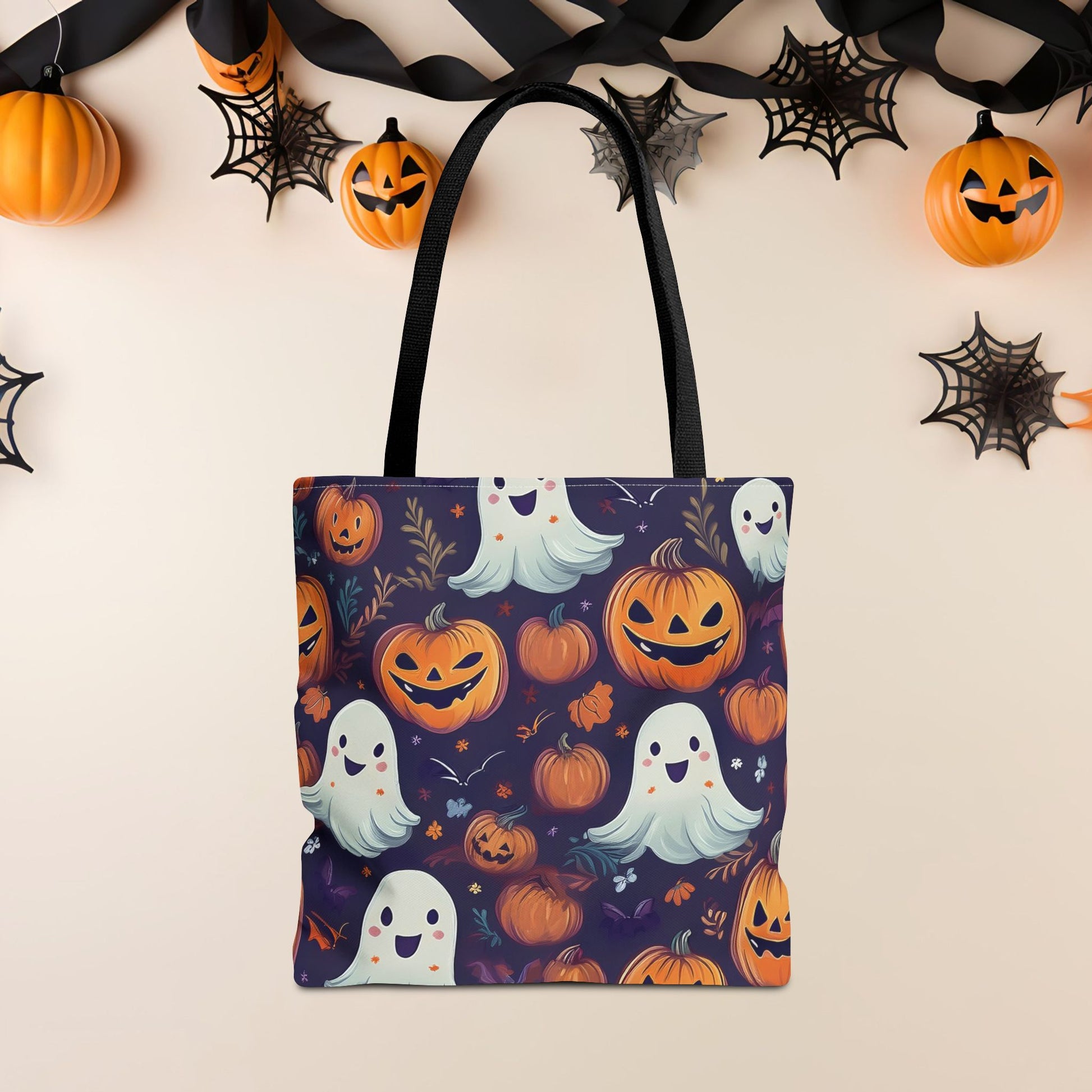 Halloween Trick - or - Treat Tote Bag, Jack - o' - lantern Ghost Pumpkin Fall Festival Purse, Purple All - Over Print Candy Bag, Halloween Costume - EternalAscension