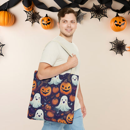 Halloween Trick - or - Treat Tote Bag, Jack - o' - lantern Ghost Pumpkin Fall Festival Purse, Purple All - Over Print Candy Bag, Halloween Costume - EternalAscension