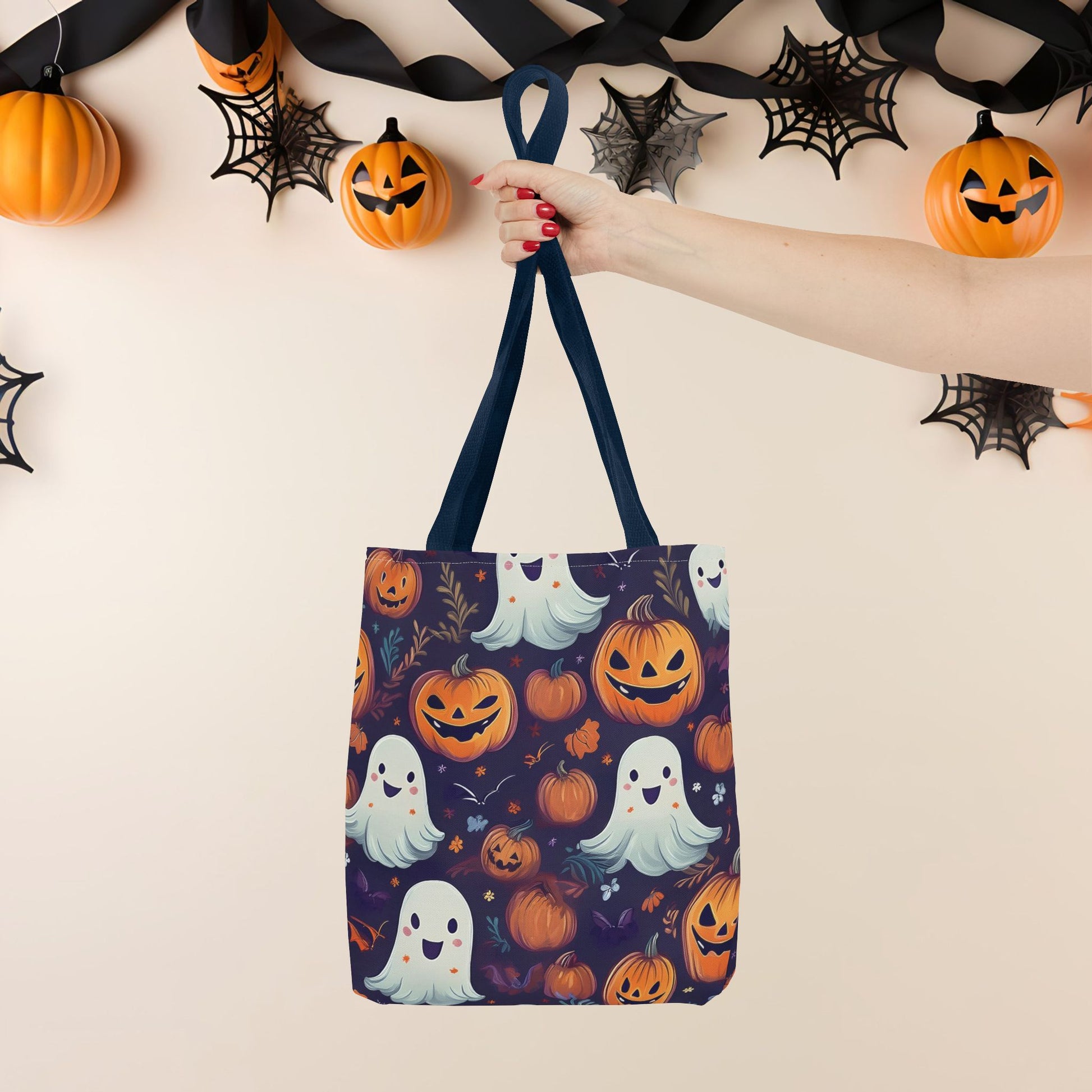 Halloween Trick - or - Treat Tote Bag, Jack - o' - lantern Ghost Pumpkin Fall Festival Purse, Purple All - Over Print Candy Bag, Halloween Costume - EternalAscension