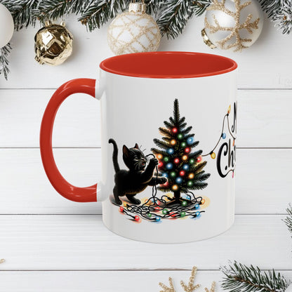 Merry Christmas Coffee Mug, Festive Holiday Cup with Black Cats and Christmas Lights, 11oz, 15oz, Christmas Gift, Hot Cocoa Mug, Symmetrical