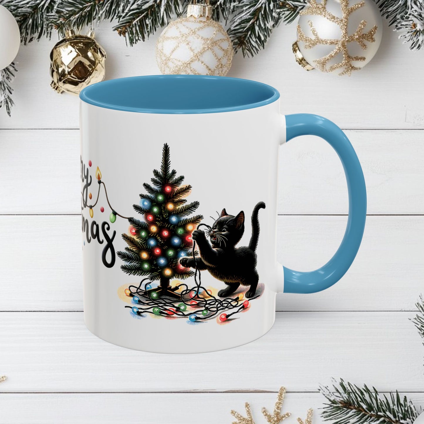 Merry Christmas Coffee Mug, Festive Holiday Cup with Black Cats and Christmas Lights, 11oz, 15oz, Christmas Gift, Hot Cocoa Mug, Symmetrical