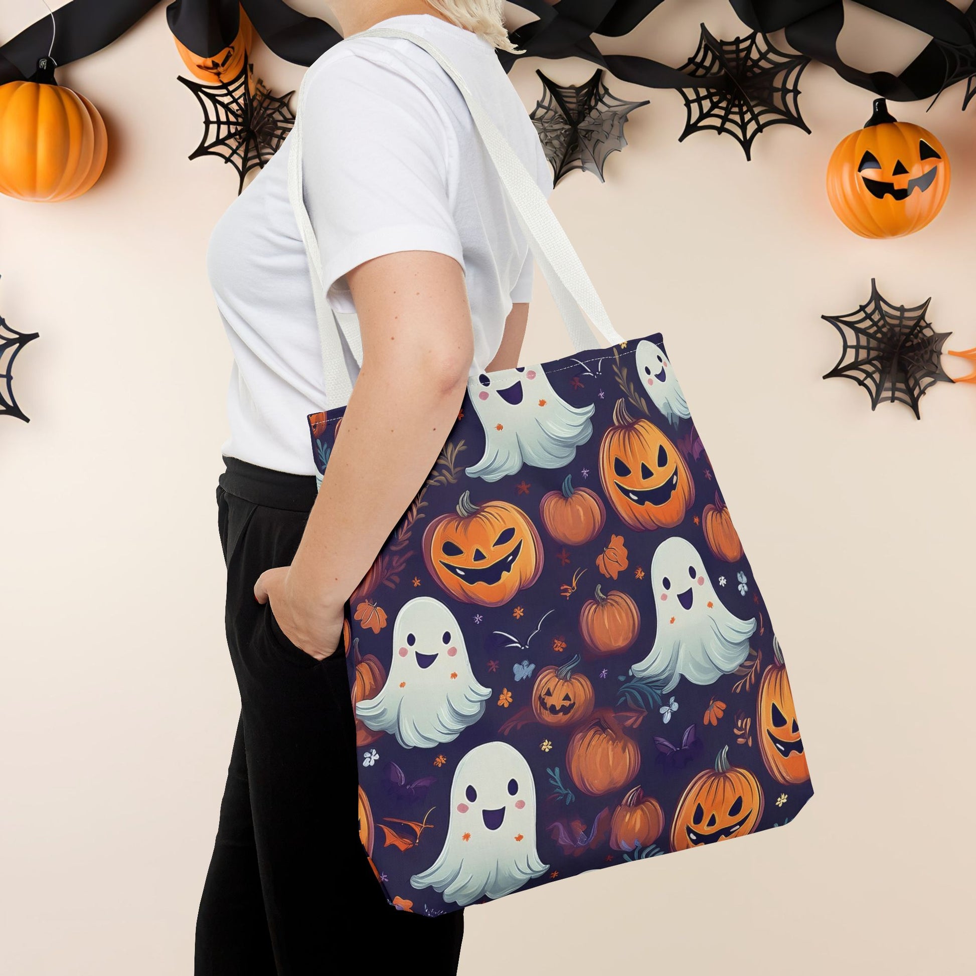 Halloween Trick - or - Treat Tote Bag, Jack - o' - lantern Ghost Pumpkin Fall Festival Purse, Purple All - Over Print Candy Bag, Halloween Costume - EternalAscension