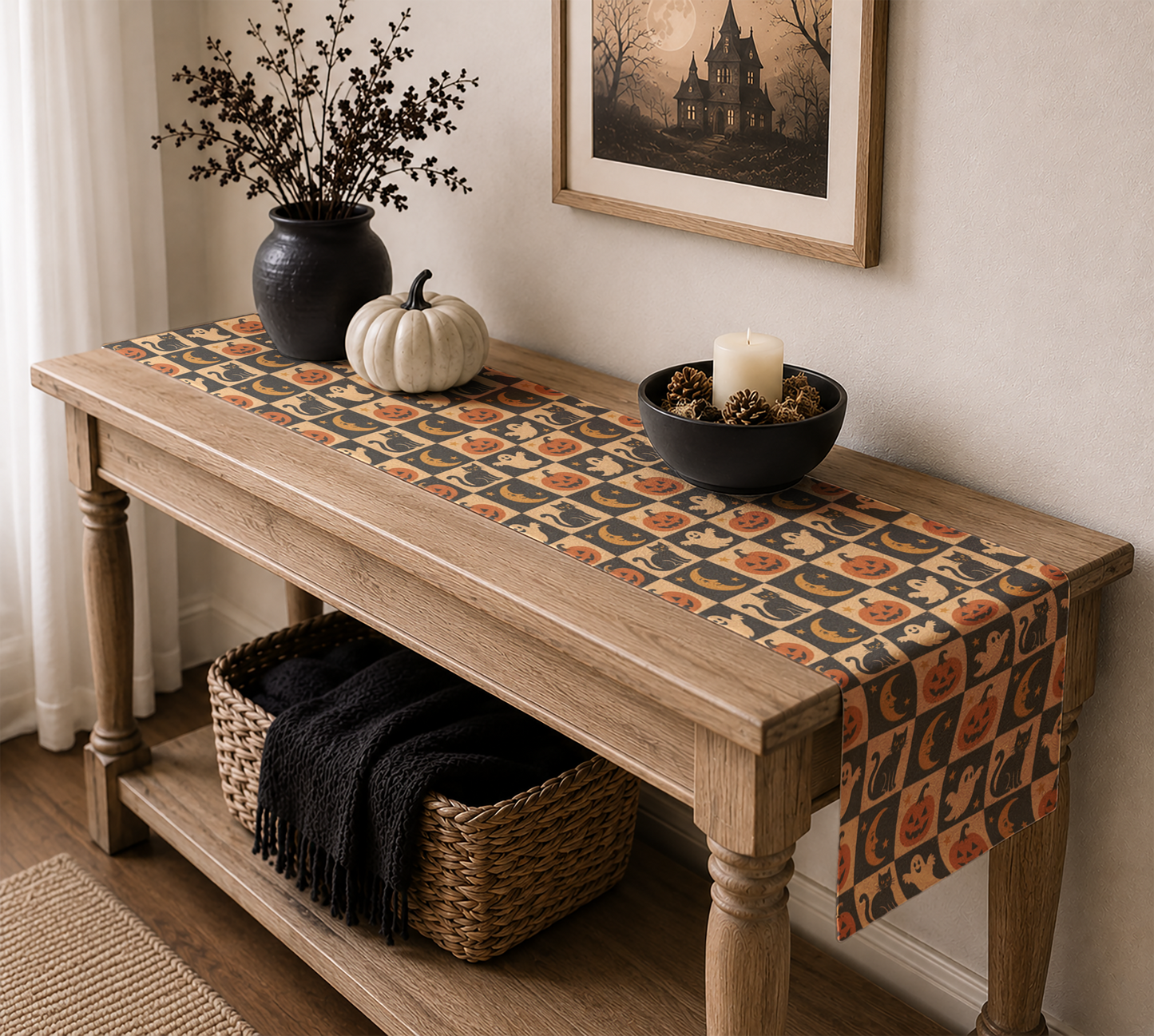 Vintage Halloween Icons table runner | ghosts pumpkins moons cats