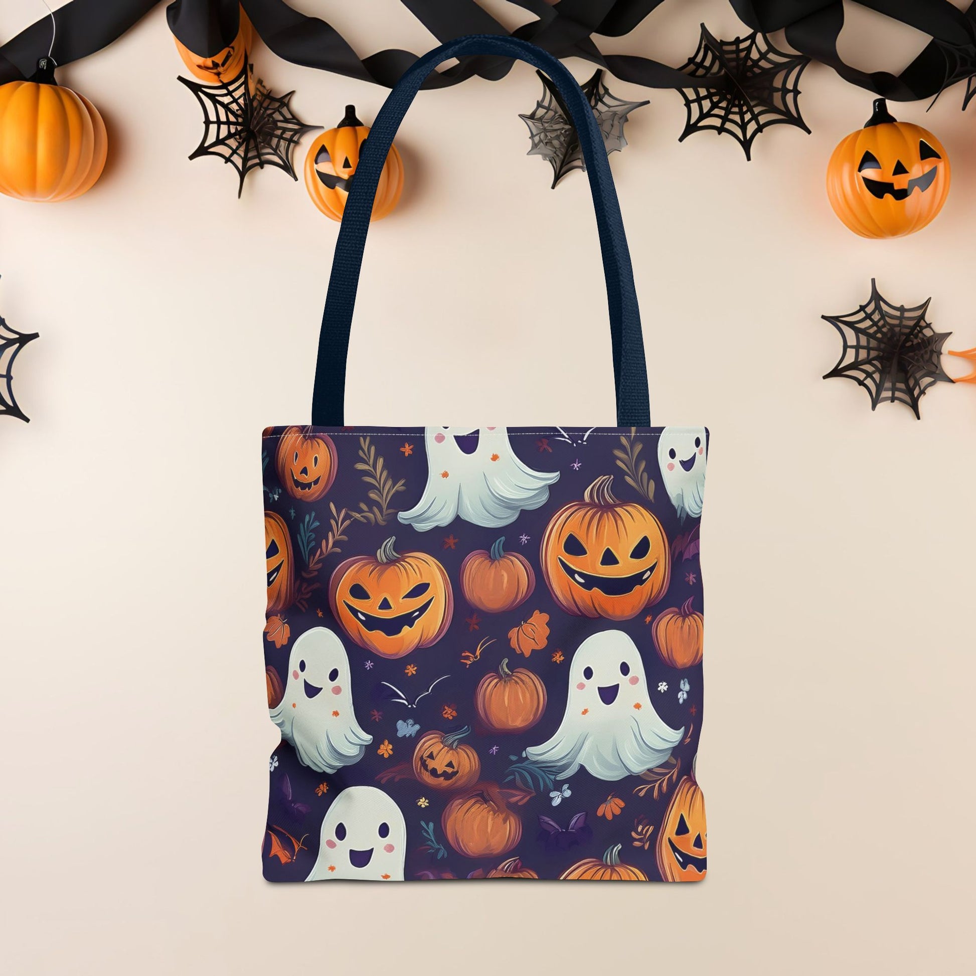 Halloween Trick - or - Treat Tote Bag, Jack - o' - lantern Ghost Pumpkin Fall Festival Purse, Purple All - Over Print Candy Bag, Halloween Costume - EternalAscension