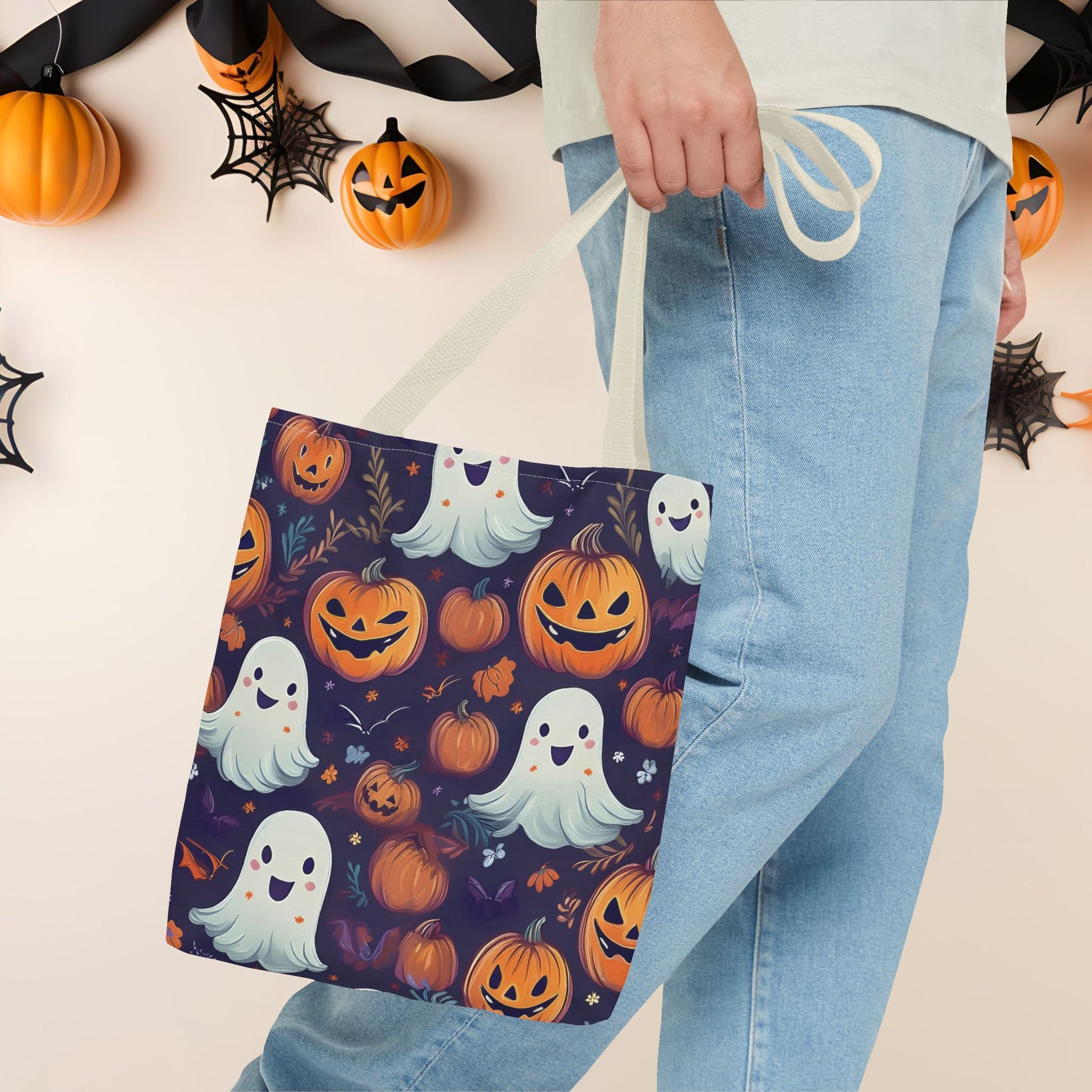 Halloween Trick - or - Treat Tote Bag, Jack - o' - lantern Ghost Pumpkin Fall Festival Purse, Purple All - Over Print Candy Bag, Halloween Costume - EternalAscension
