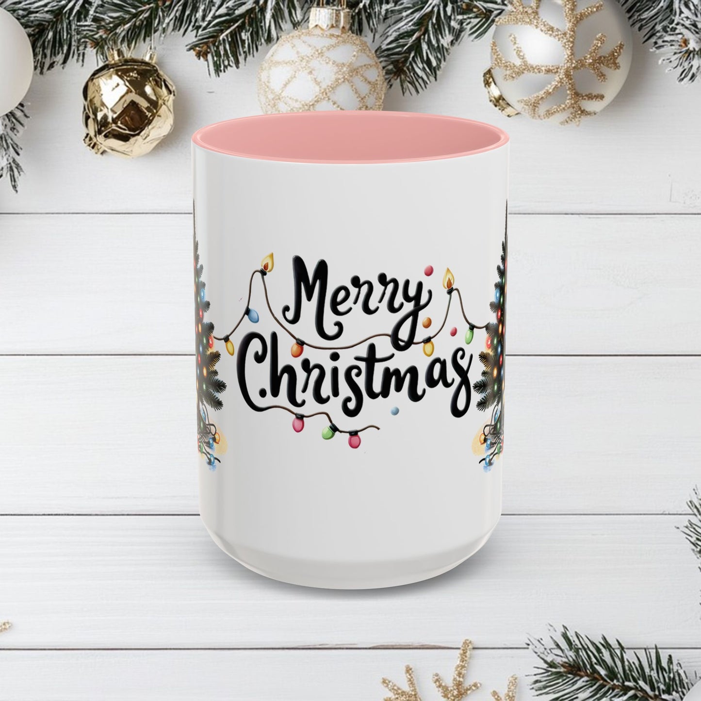 Merry Christmas Coffee Mug, Festive Holiday Cup with Black Cats and Christmas Lights, 11oz, 15oz, Christmas Gift, Hot Cocoa Mug, Symmetrical