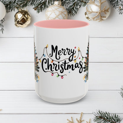 Merry Christmas Coffee Mug, Festive Holiday Cup with Black Cats and Christmas Lights, 11oz, 15oz, Christmas Gift, Hot Cocoa Mug, Symmetrical