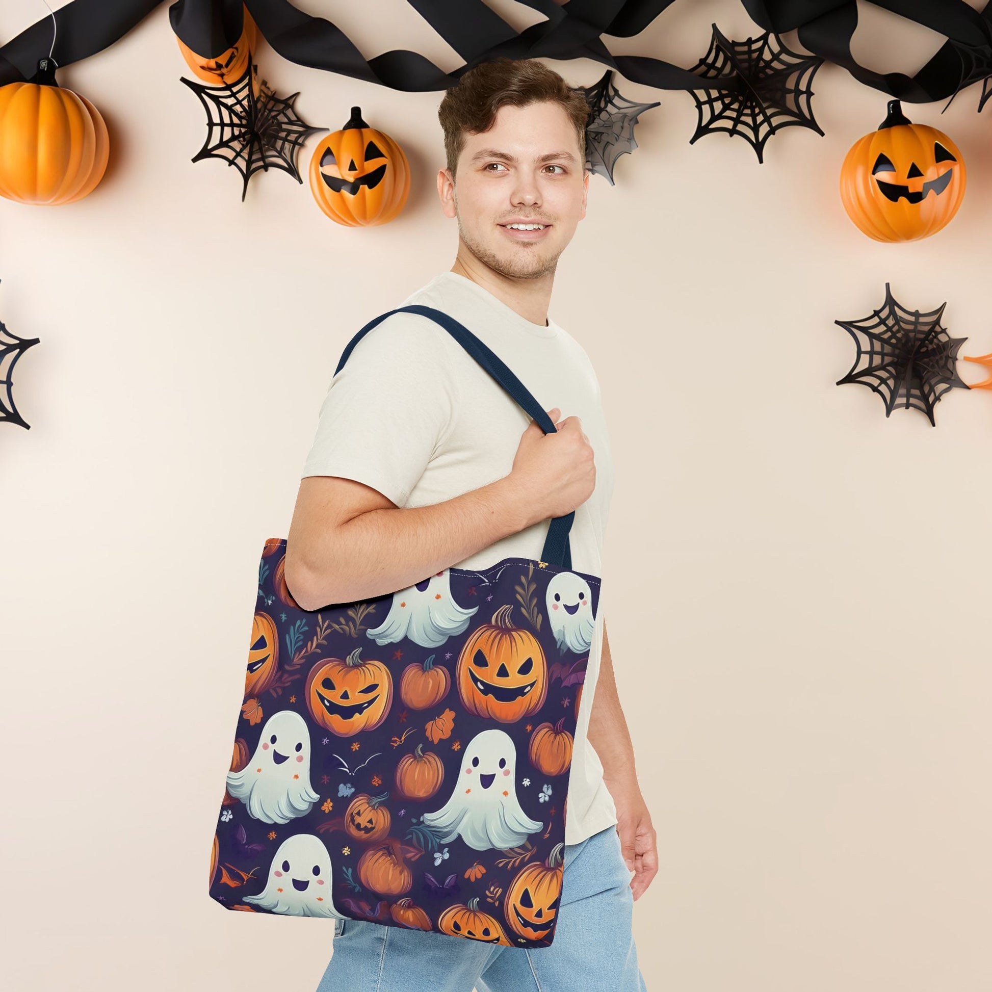 Halloween Trick - or - Treat Tote Bag, Jack - o' - lantern Ghost Pumpkin Fall Festival Purse, Purple All - Over Print Candy Bag, Halloween Costume - EternalAscension