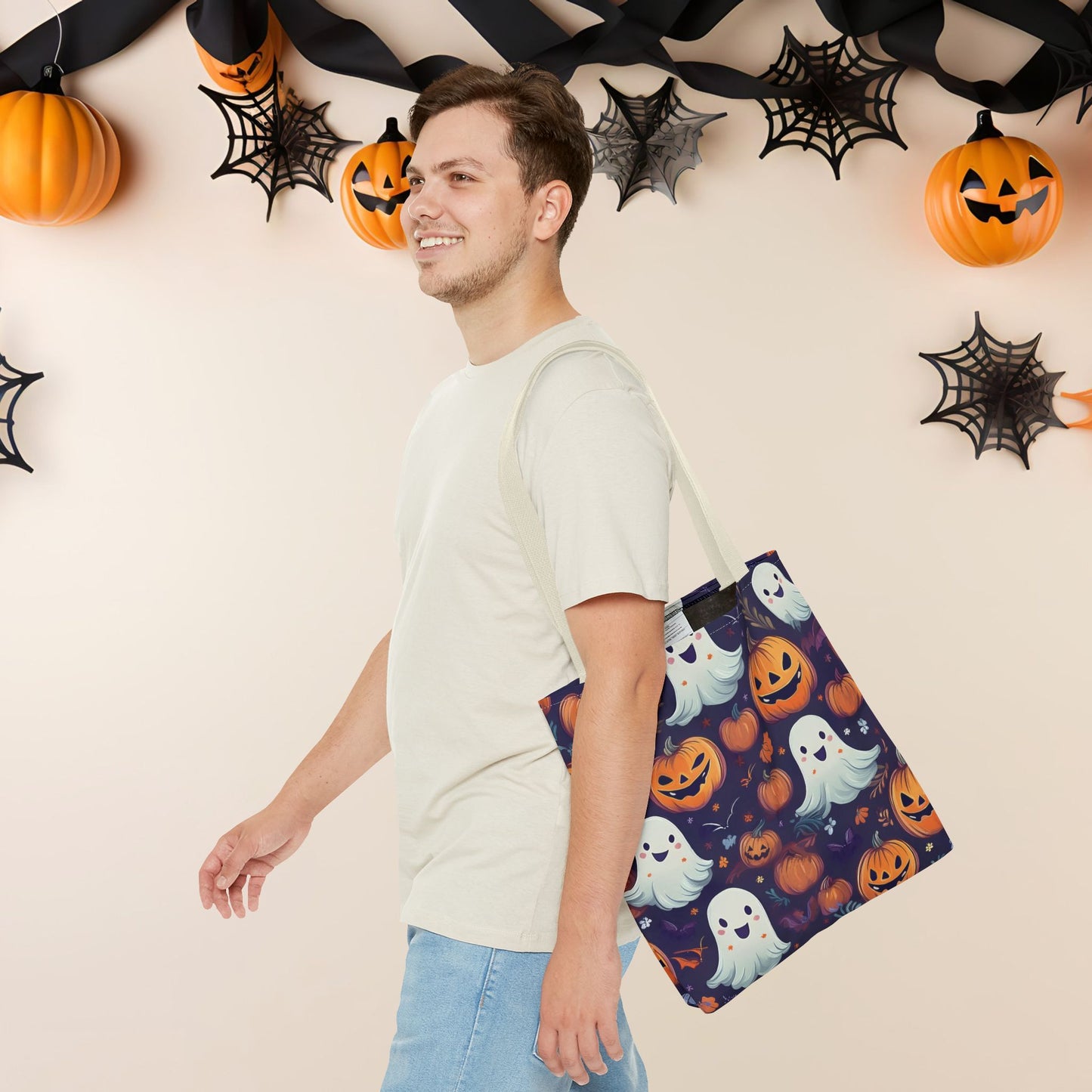Halloween Trick - or - Treat Tote Bag, Jack - o' - lantern Ghost Pumpkin Fall Festival Purse, Purple All - Over Print Candy Bag, Halloween Costume - EternalAscension