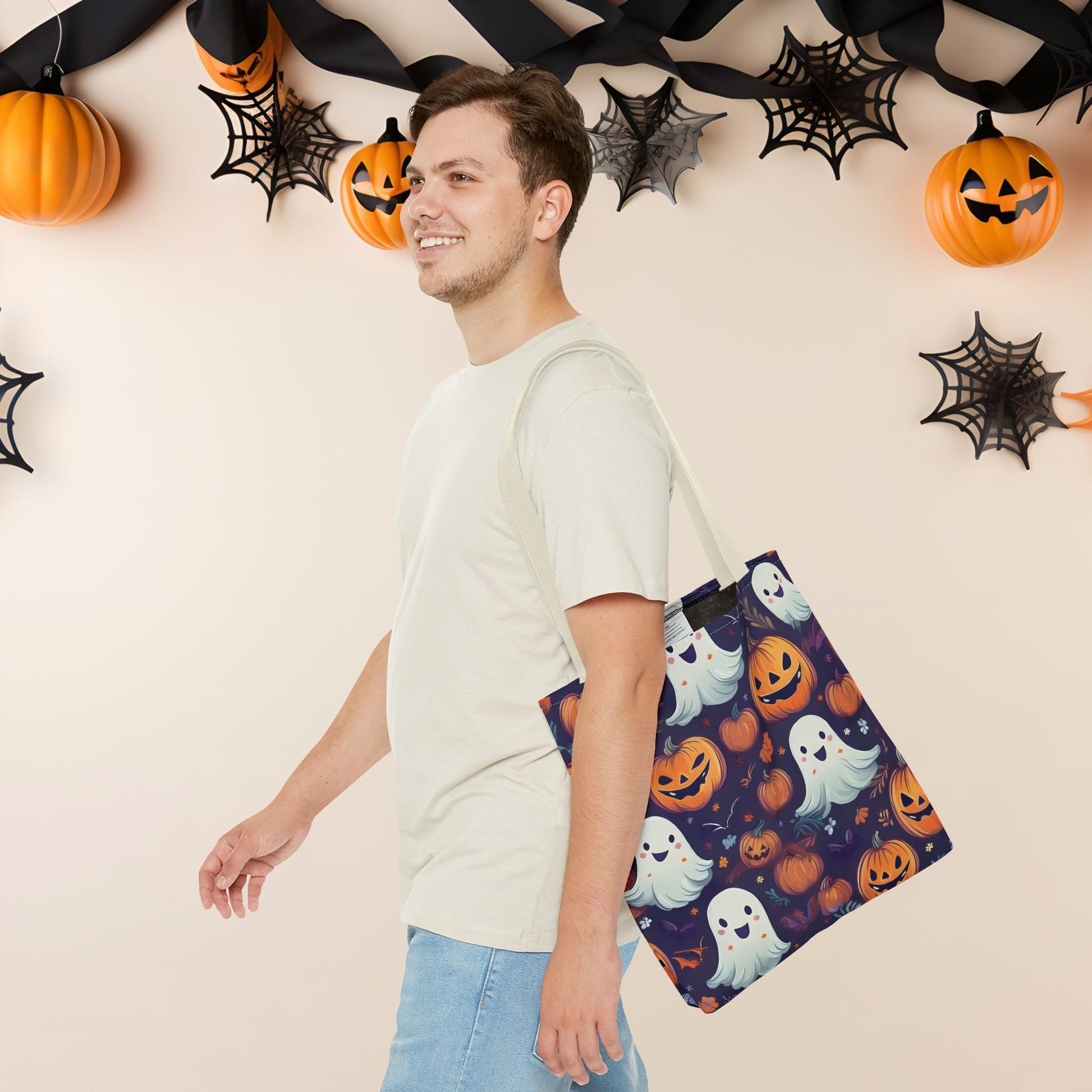 Halloween Trick - or - Treat Tote Bag, Jack - o' - lantern Ghost Pumpkin Fall Festival Purse, Purple All - Over Print Candy Bag, Halloween Costume - EternalAscension