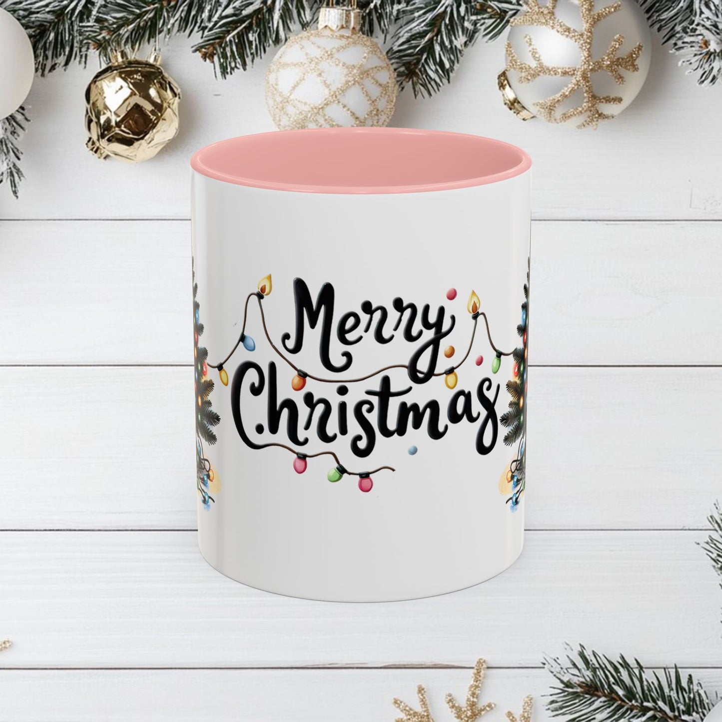 Merry Christmas Coffee Mug, Festive Holiday Cup with Black Cats and Christmas Lights, 11oz, 15oz, Christmas Gift, Hot Cocoa Mug, Symmetrical